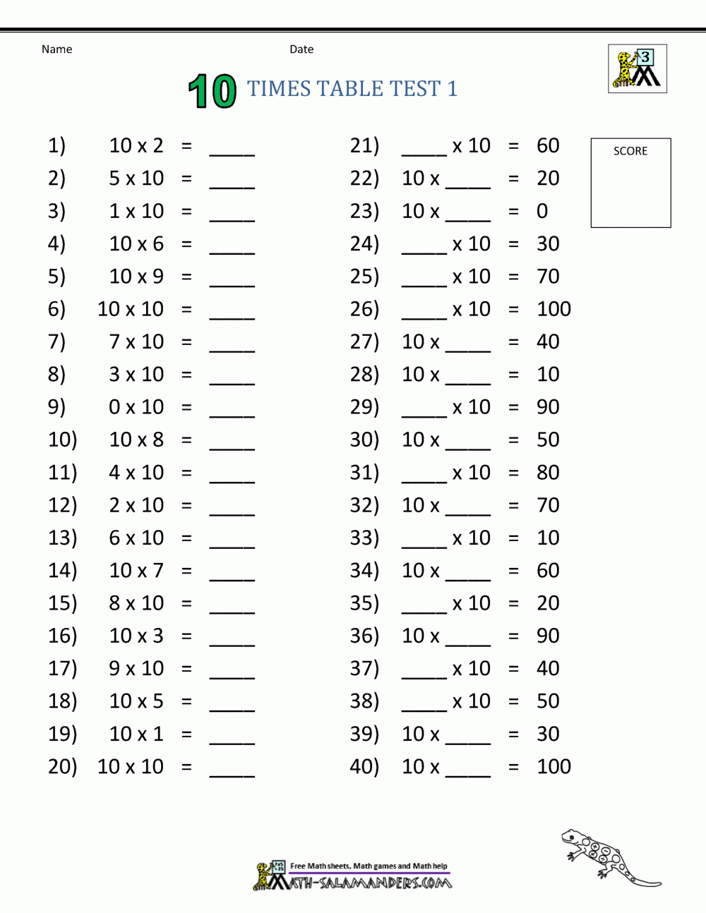 Times Table Quiz Sheet Printable