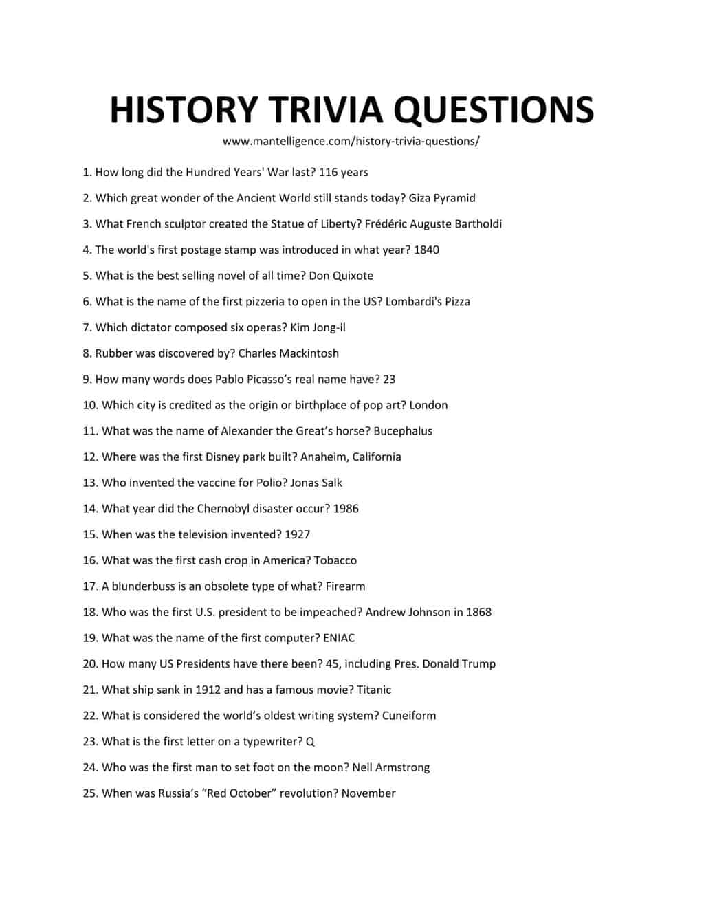 111 History Trivia Questions Answers Easy To Hard Mantelligence