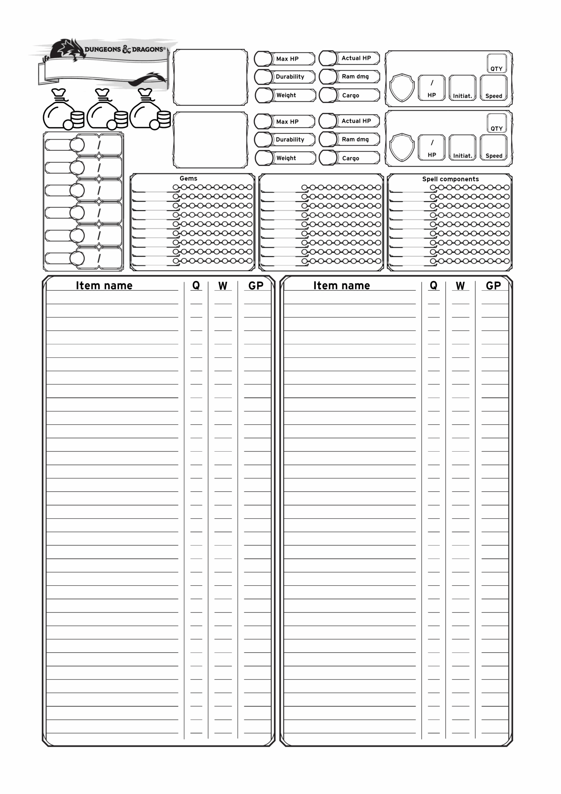 Printable D&D 5e Inventory Sheet