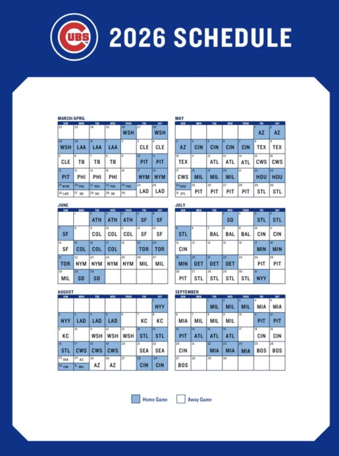 Printable Chicago Cubs 2026 Schedule Printable Chicago Cubs 2026 Schedule