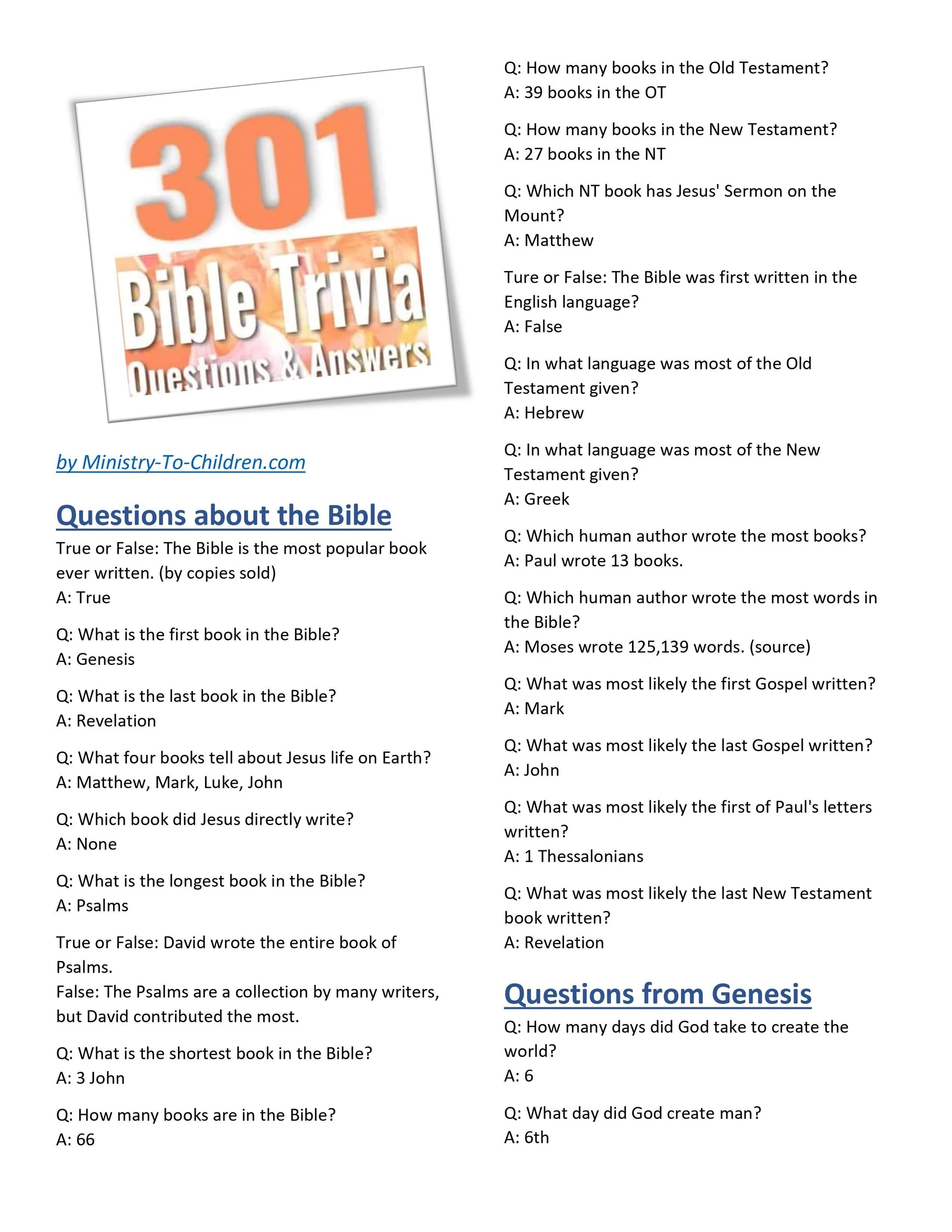 Printable Junior Bible Quiz Questions Printable Junior Bible Quiz Questions