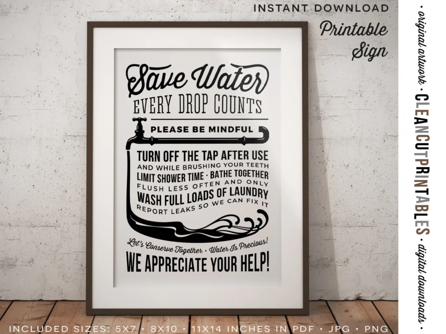 Bathroom Rules Save Water Sign Water Conservation Don t Waste Bathe Together Flush Less Retro Vintage PDF JPG PNG Printable Download Etsy Hong Kong