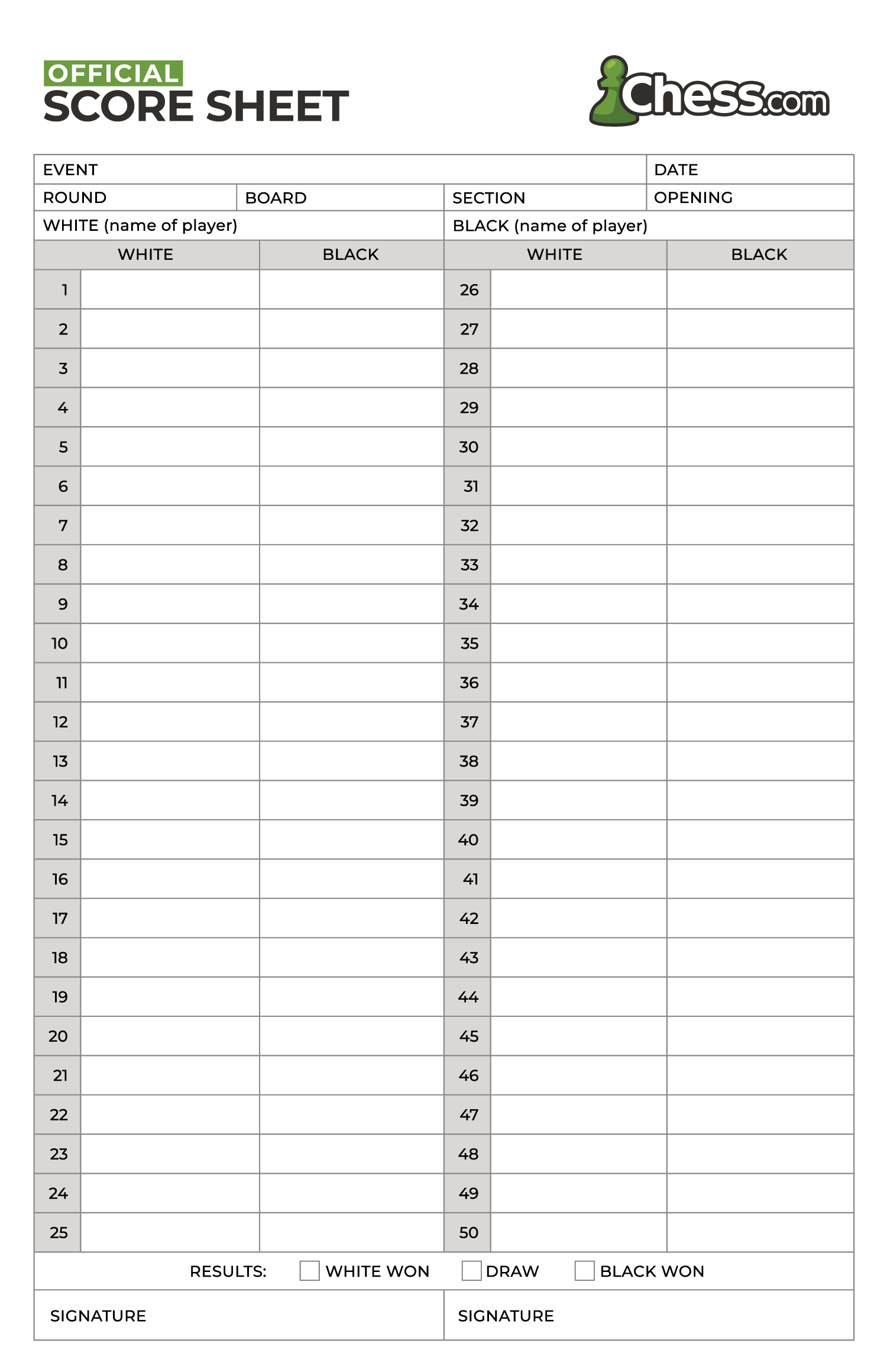 Chess Score Sheet Free PDF Template Chess