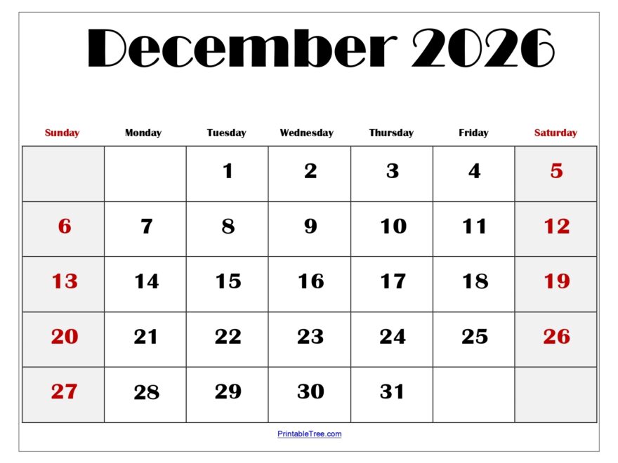 December 2026 Calendar Printable PDF With Holidays Templates
