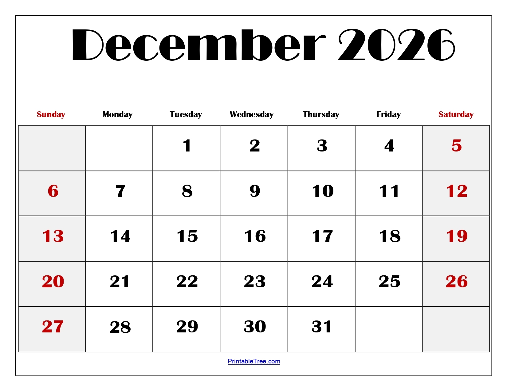December 2026 Calendar Printable PDF With Holidays Templates December 2026 Calendar Printable PDF With Holidays Templates