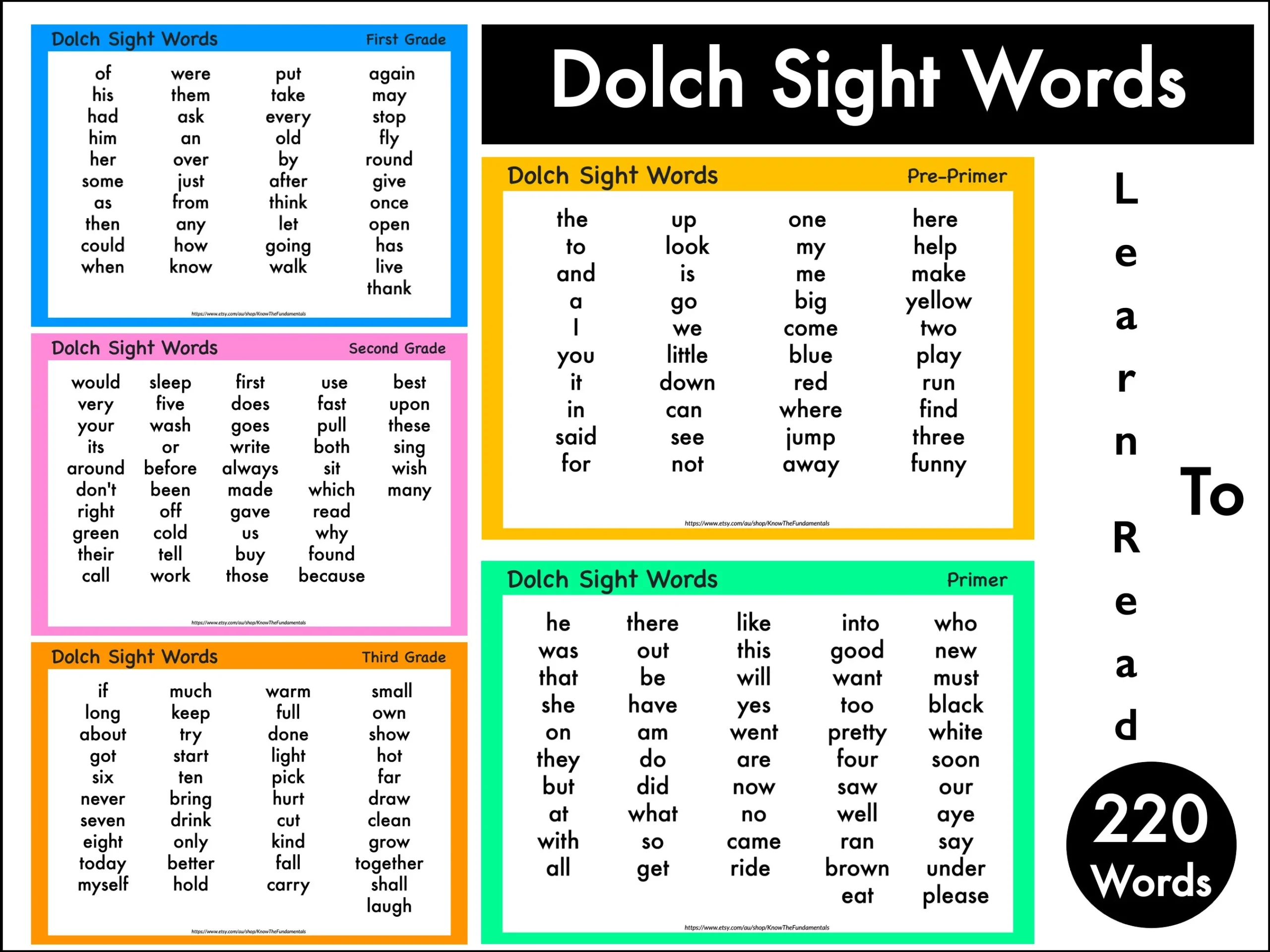 Dolch Sight Words Pre primer Primer First Second Third Grade Sight Words Printable Homeschooling Phonics Poster 220 Words List Etsy Sweden
