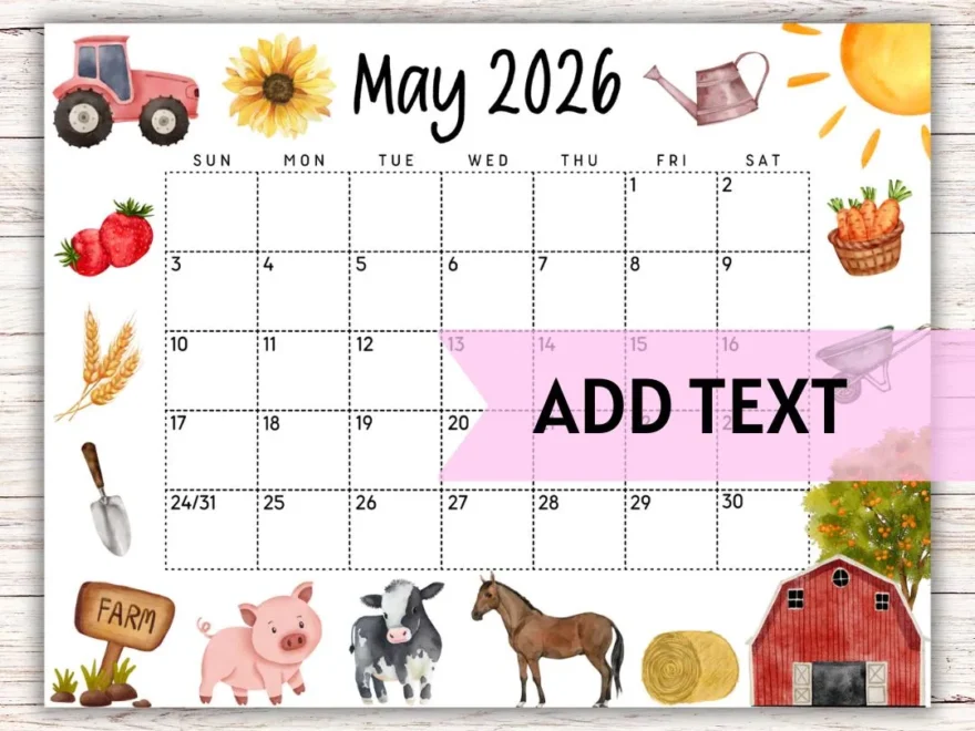EDITABLE Printable May 2026 Calendar Cute Farm Themed Calendar W Farm Animals And Barn Classroom Calendar Homeschool Planner Etsy