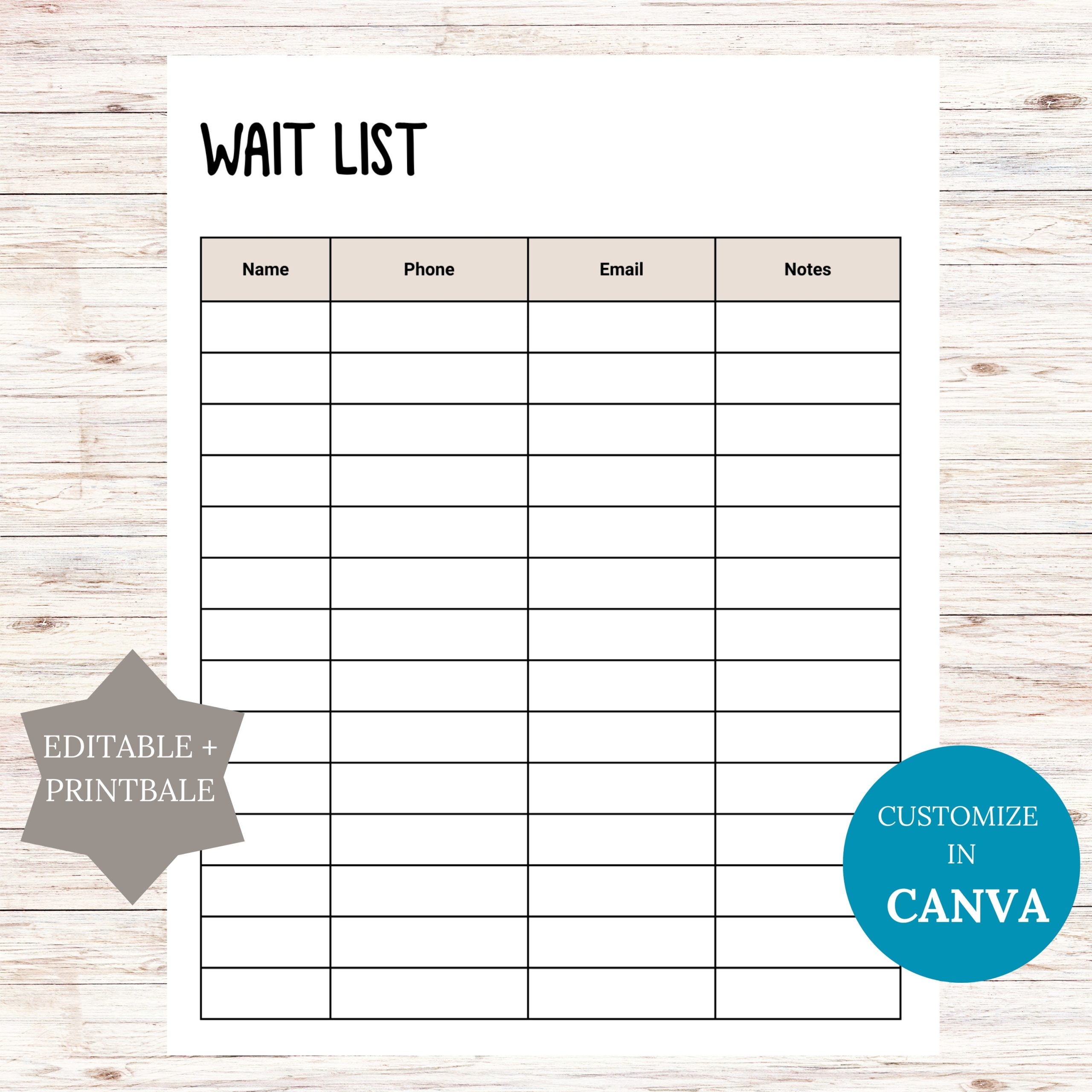 Editable Wait List Printable