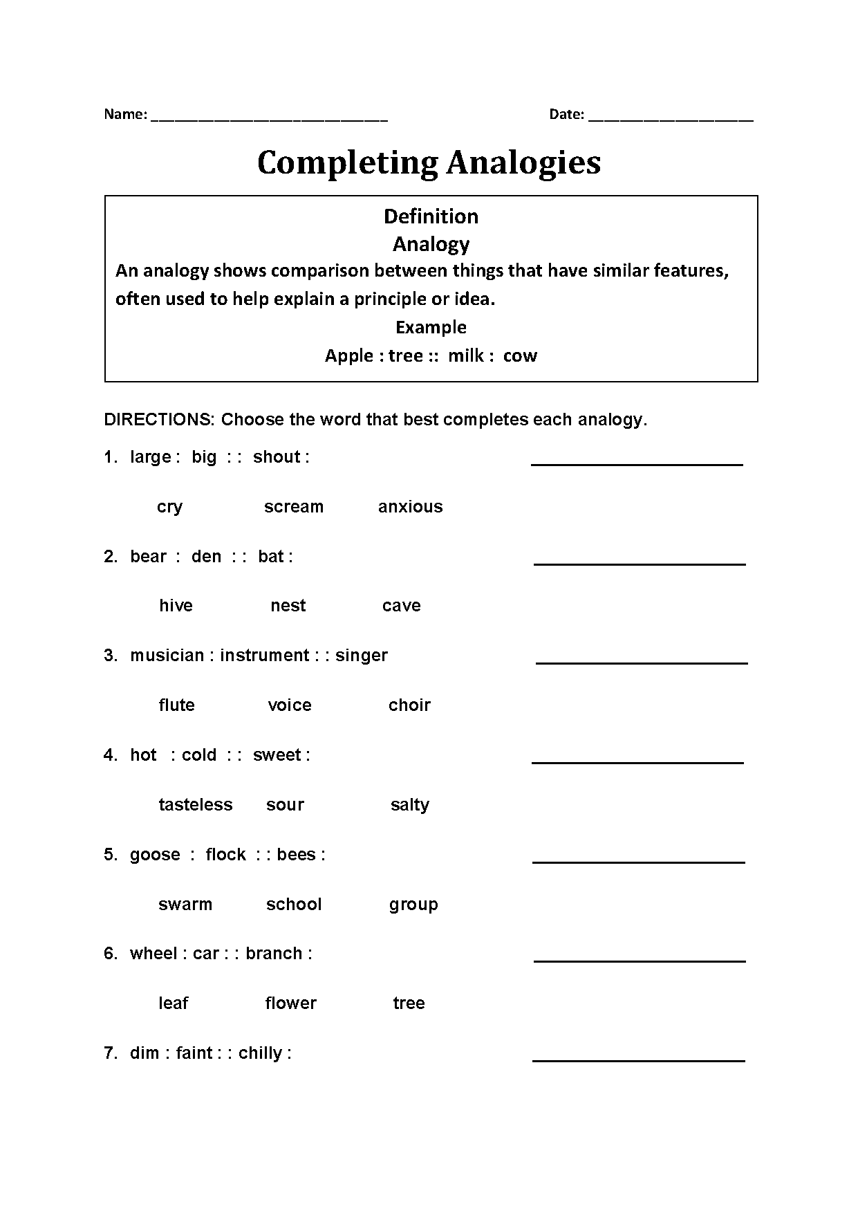 Printable Adult Anaolgies Work Sheet
