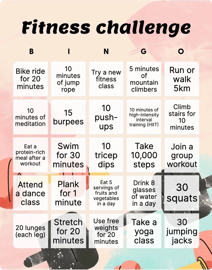 Fitness Challenge Bingo Printable Customizable Bingo Card Creator