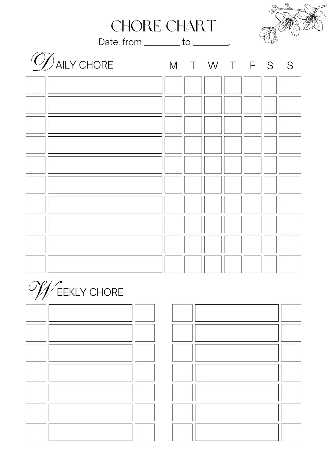 Printable Chore Chart Blank Printable Chore Chart Blank