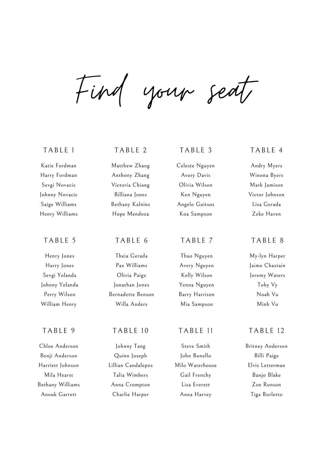 Printable Wedding Seating Chart Template Printable Wedding Seating Chart Template
