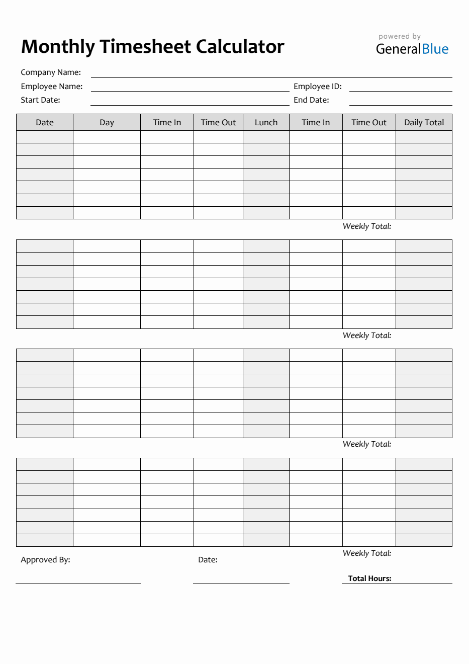 Free Printable Monthly Time Sheet