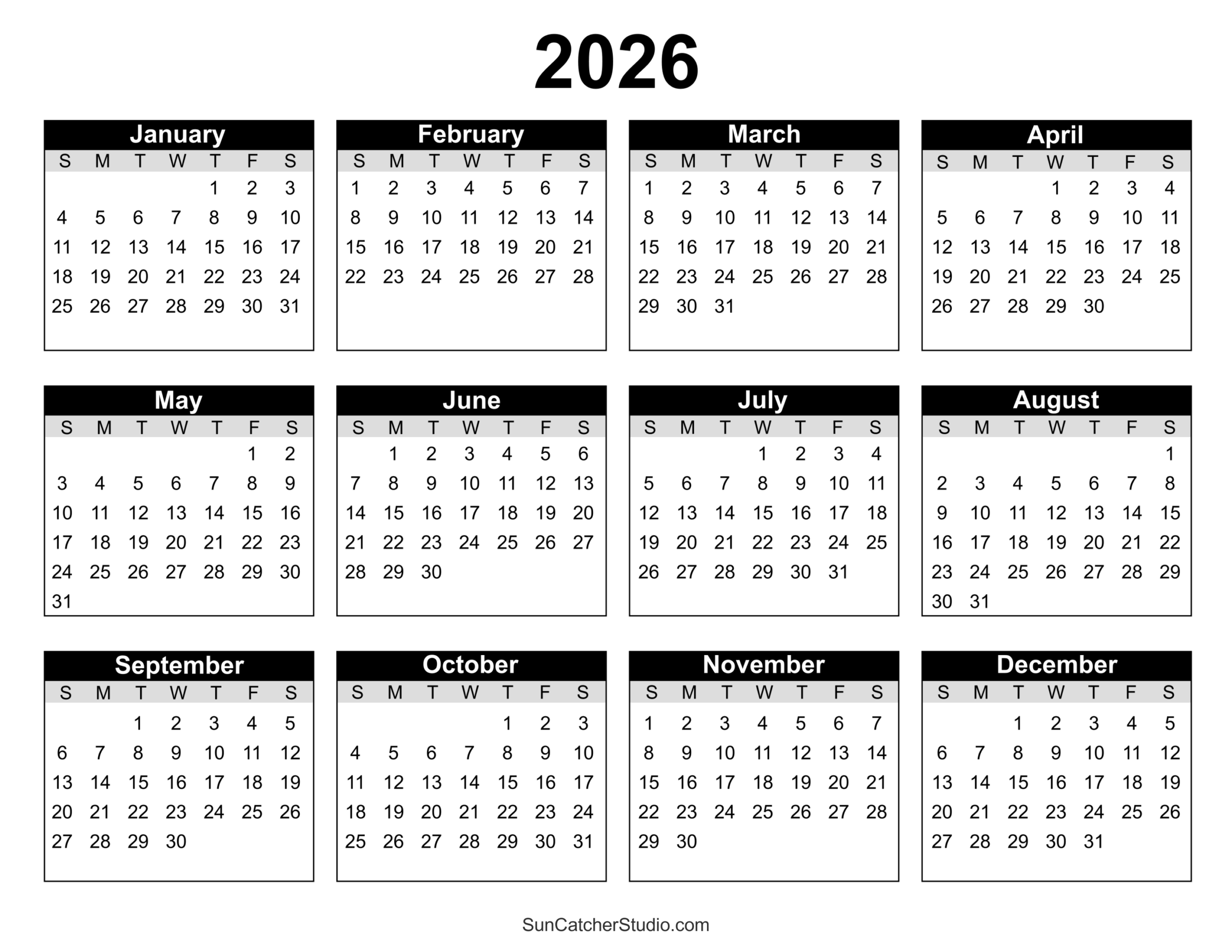 Yearly Calendar 2026 Planner Printable