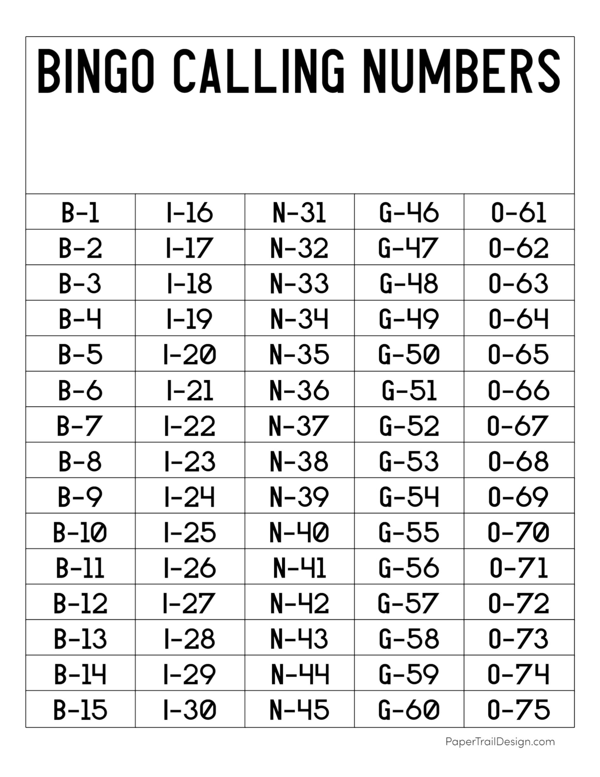 Printable Bingo Number Call Sheet