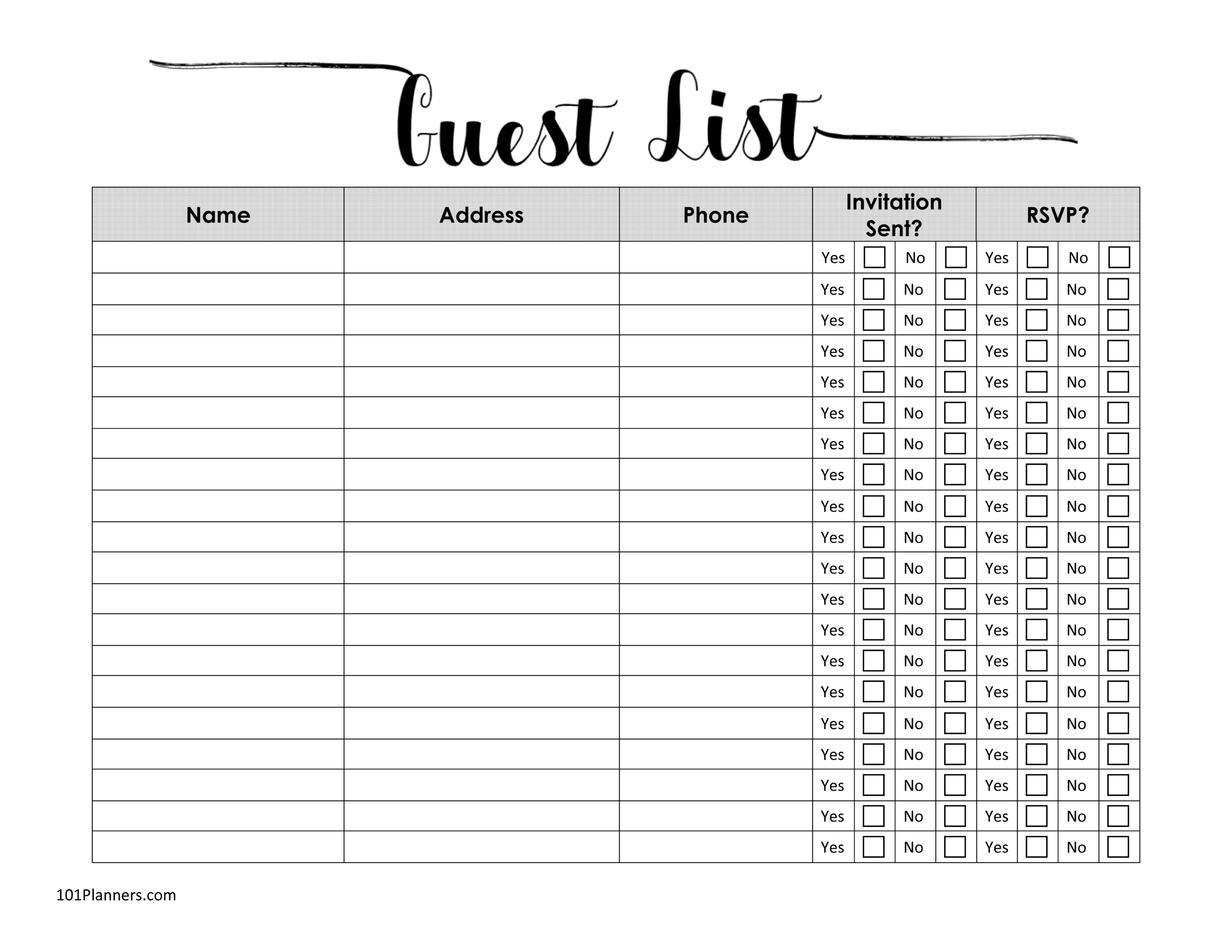 FREE Printable Guest List Template Customize Online Worksheets Library
