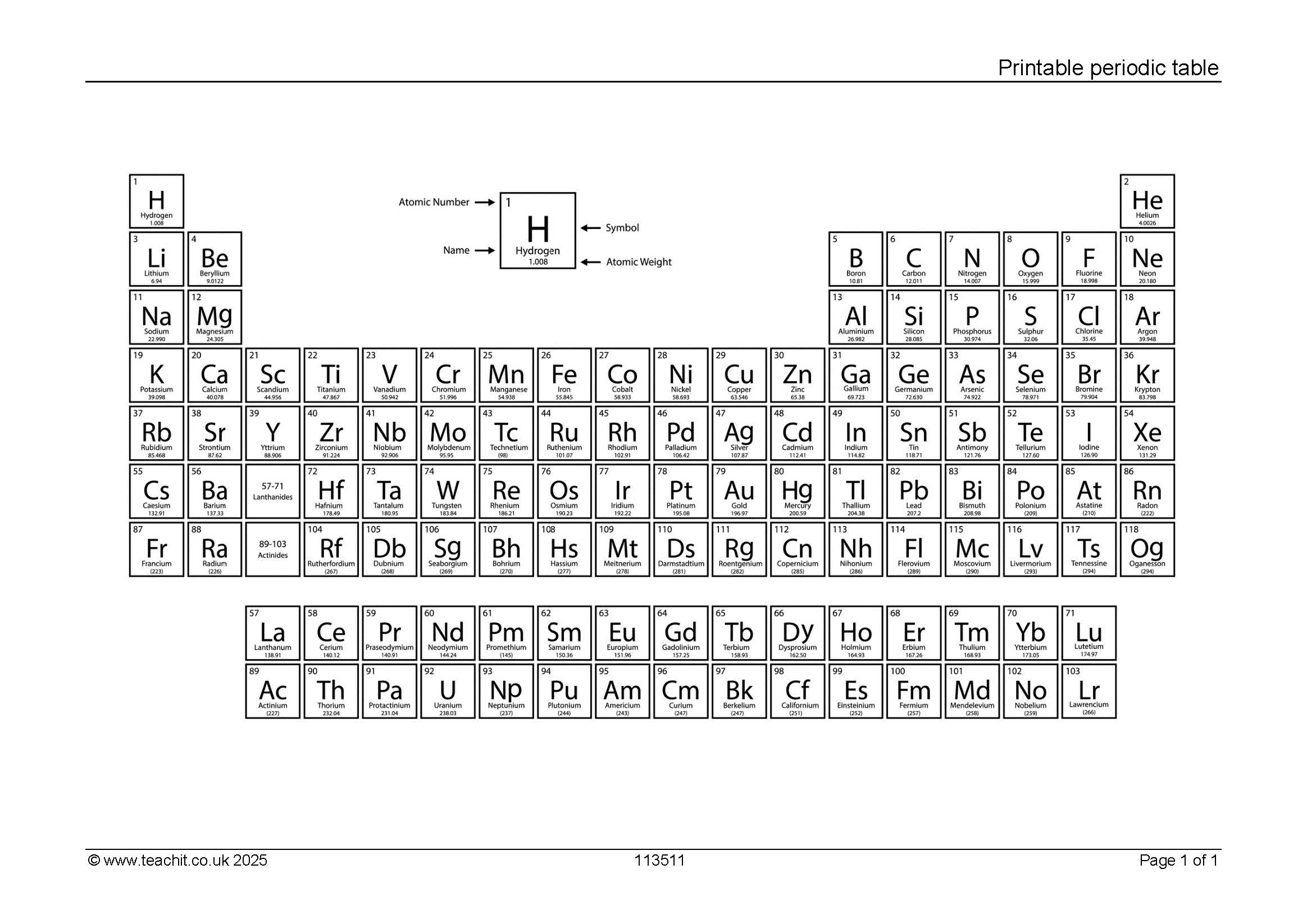 Free Printable Periodic Table PDF KS3 KS4 Chemistry Teachit