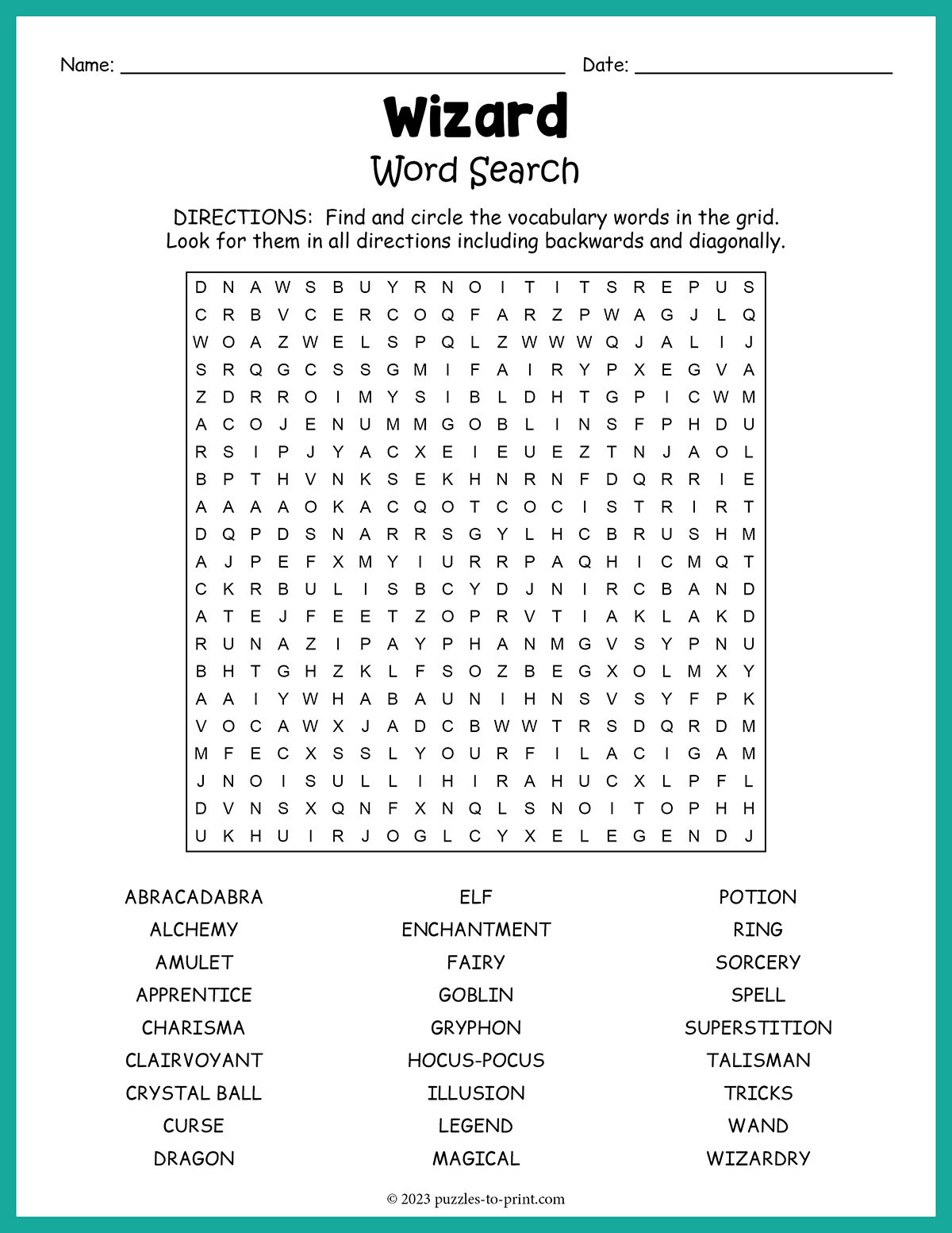 Free Printable Wizard Word Search