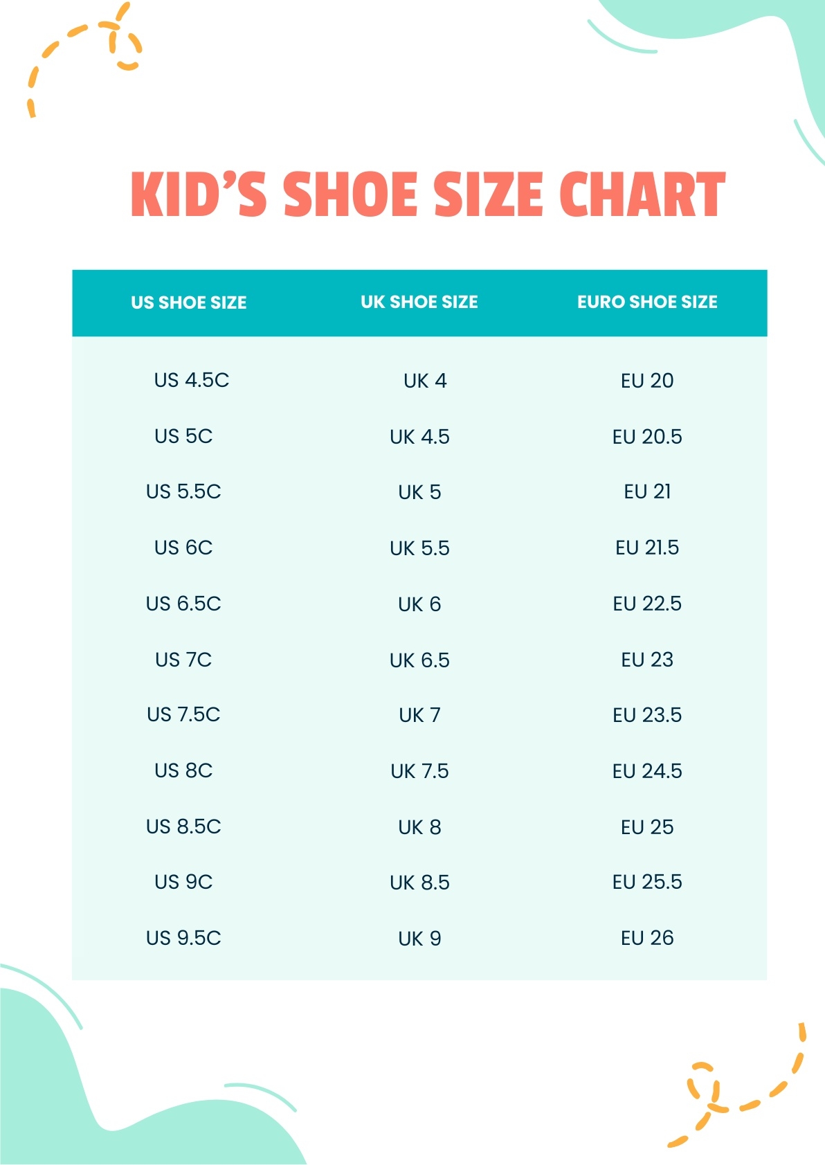 Printable Youth Shoe Size 4 Chart