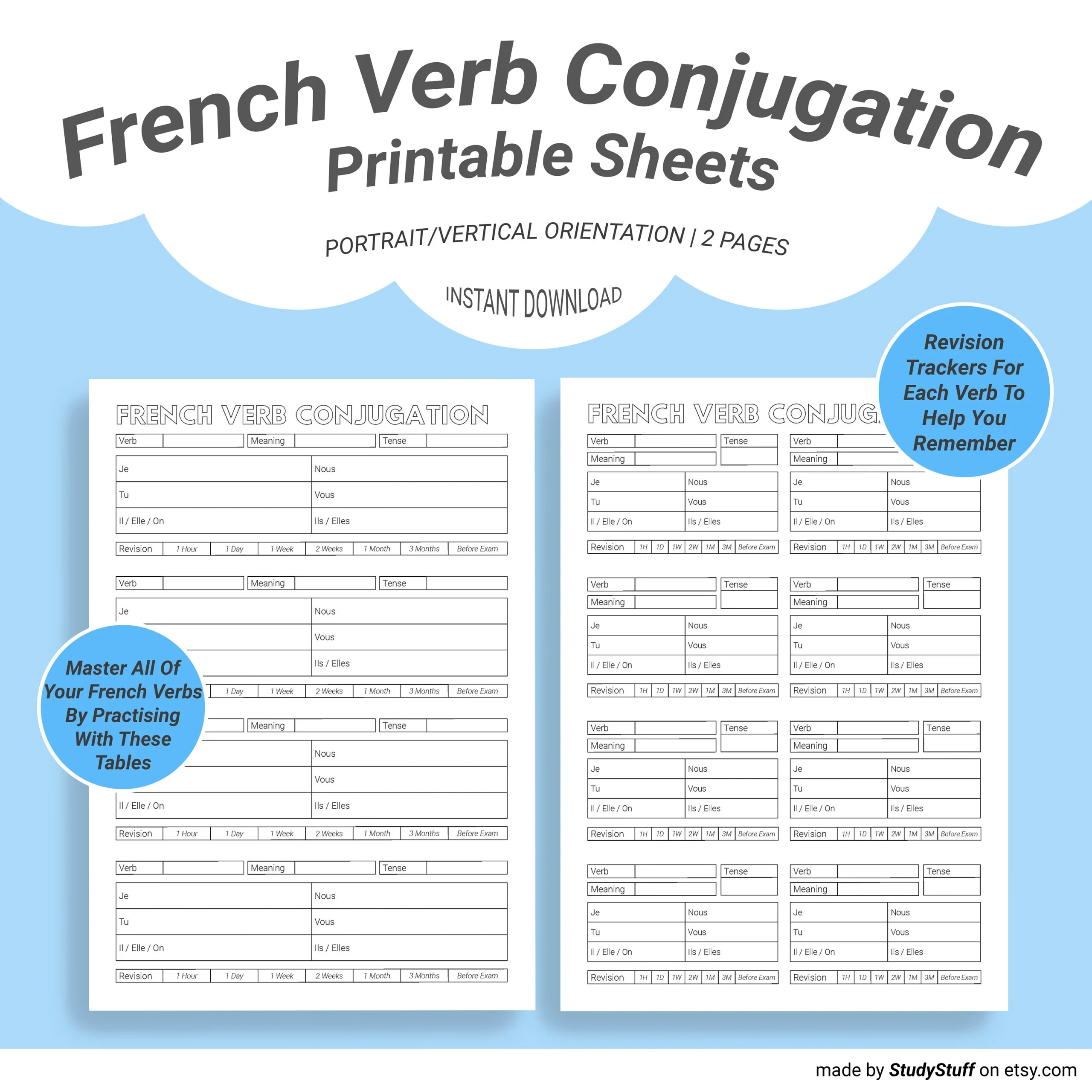 French Language Verb Conjugation Practice Worksheets Printable La Conjugaison Des Verbes Fran ais Student Study Printables Download Etsy