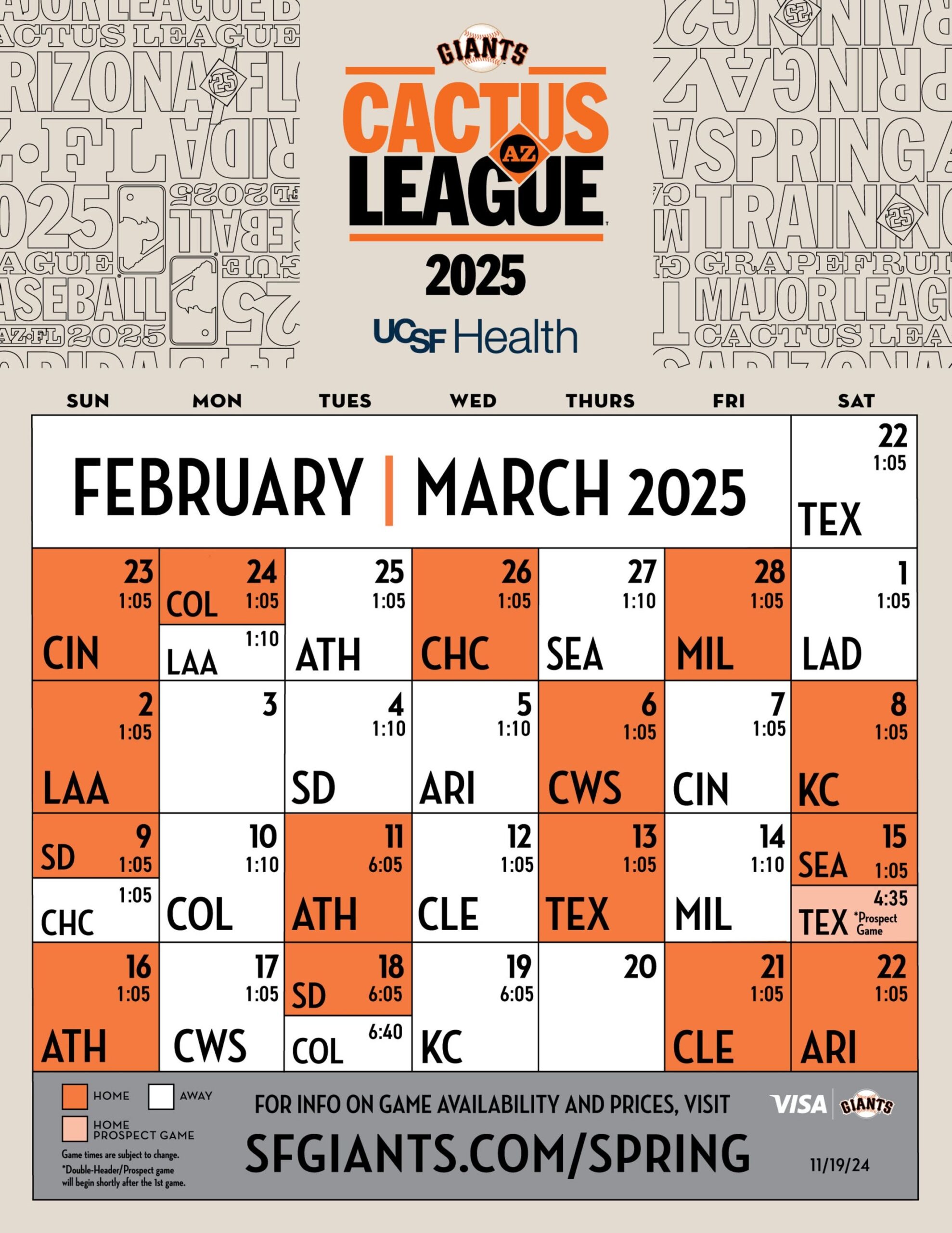 Giants Spring Training Printable Schedule San Francisco Giants