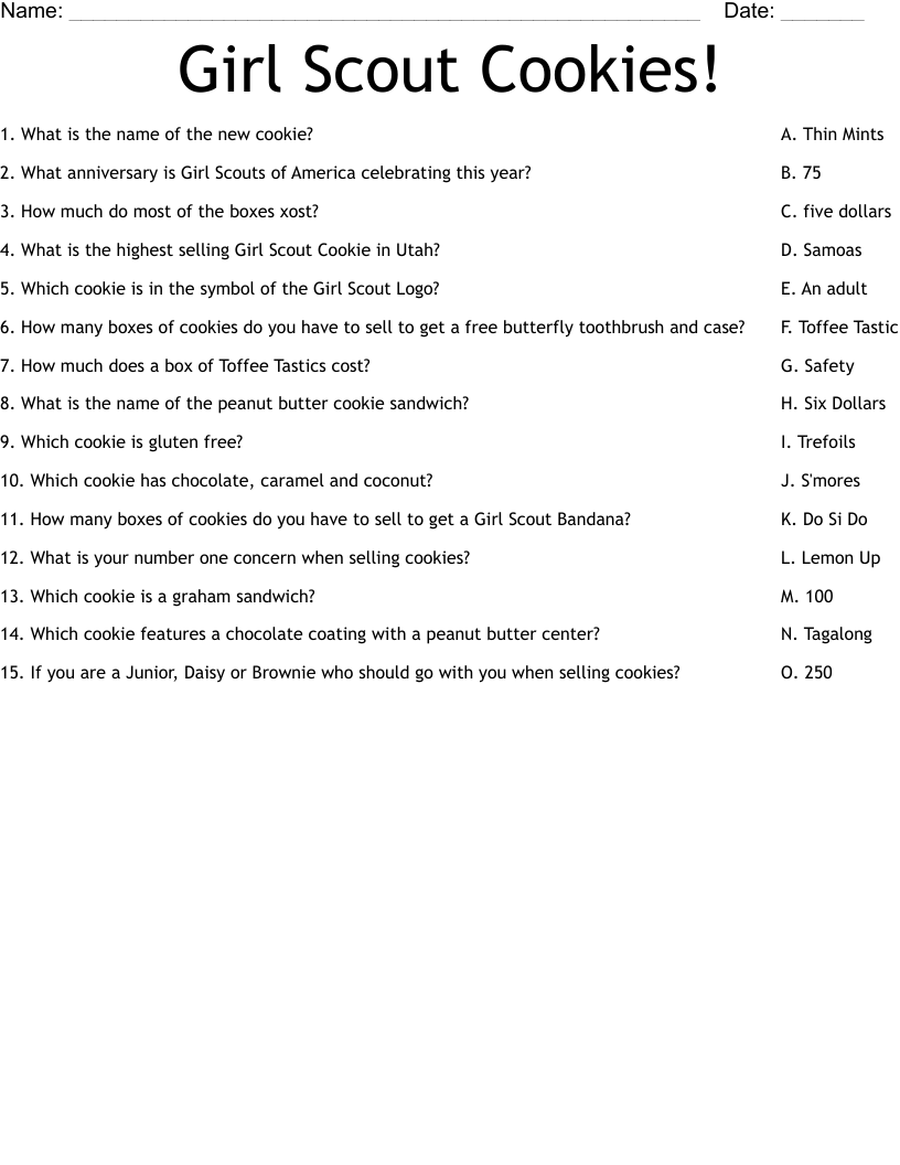 Girl Scout Cookies Worksheet WordMint