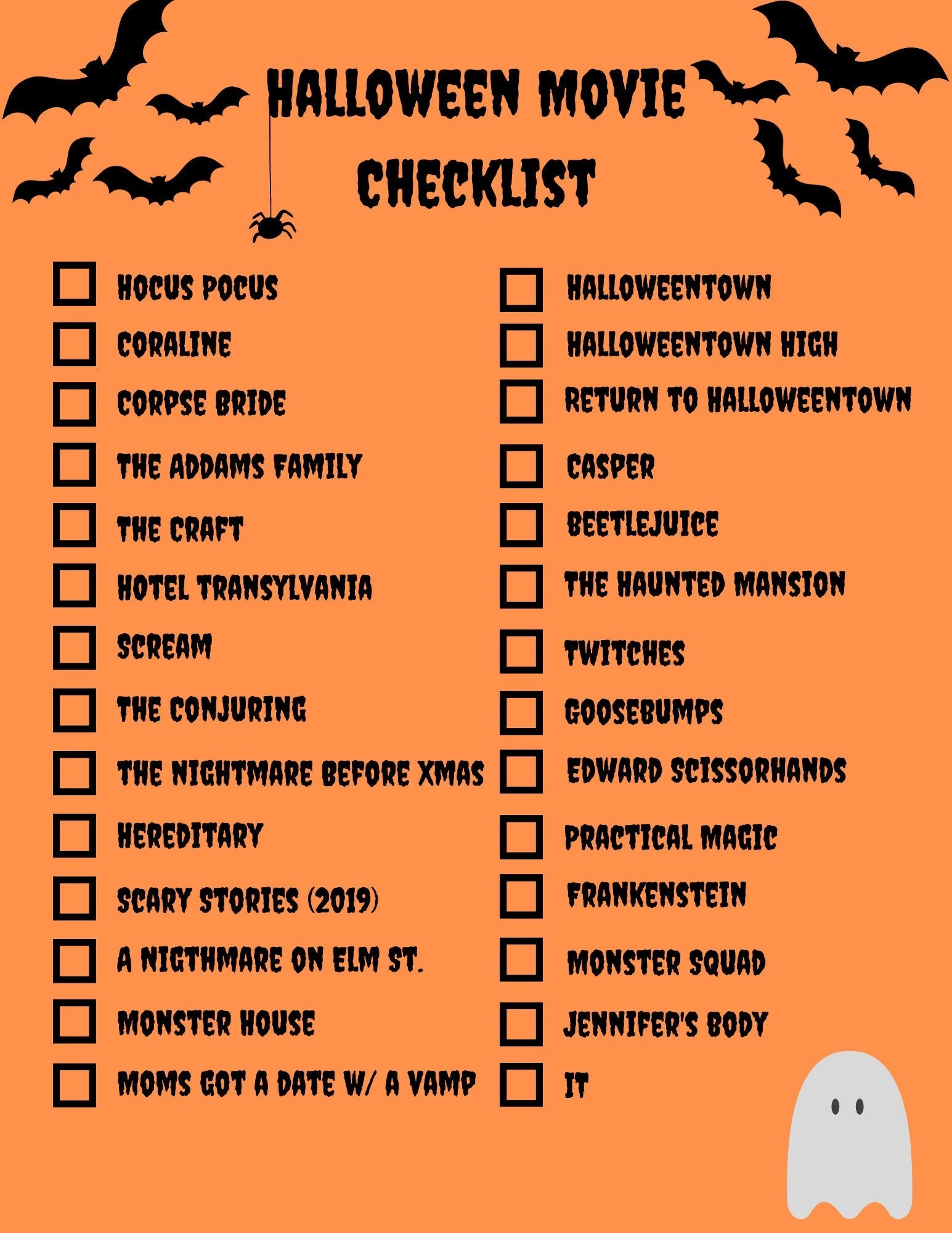 Halloween Movie List Halloween Bucket List Printable Halloween Planner Halloween Films Etsy