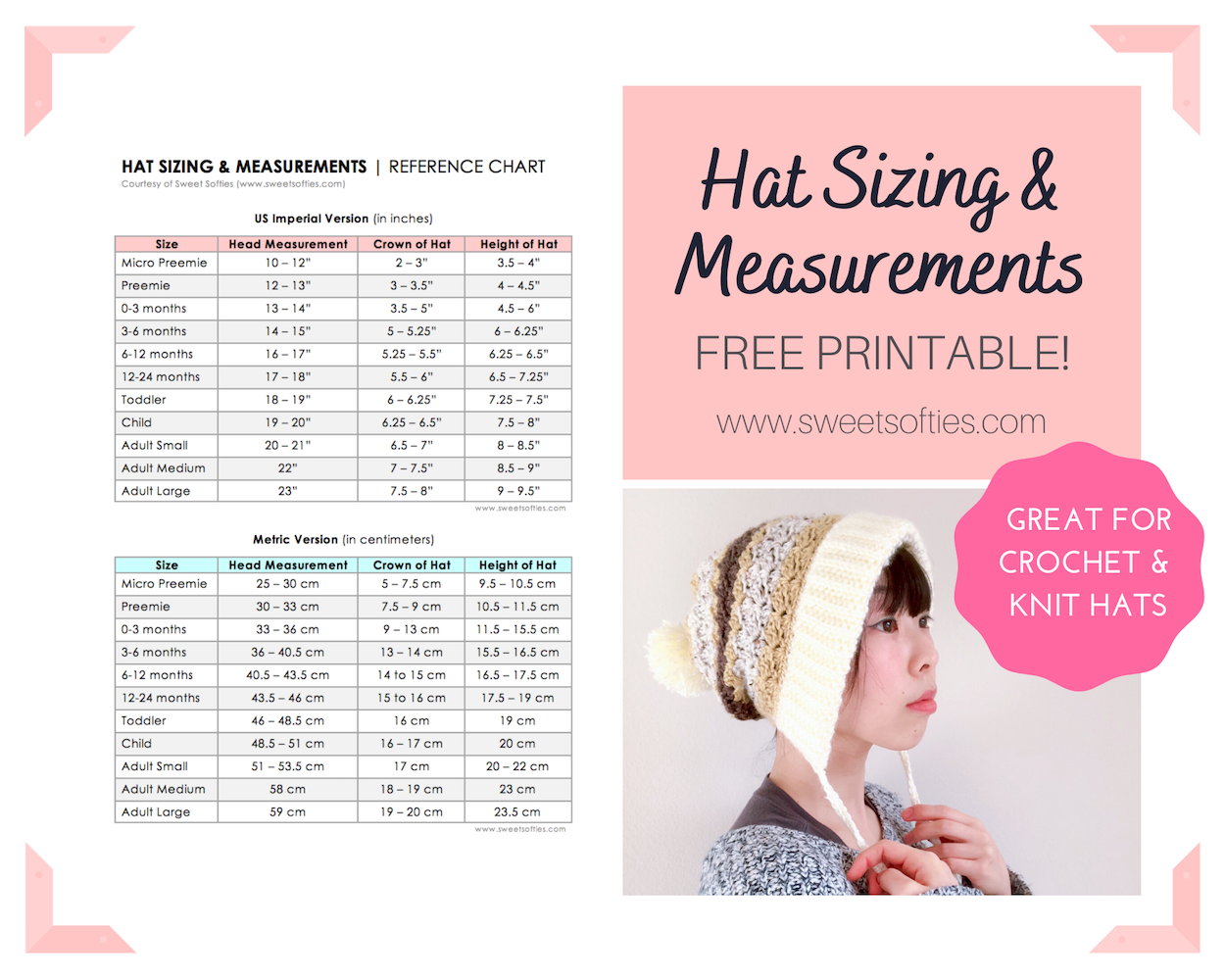 Printable Crochet Hat Size Chart