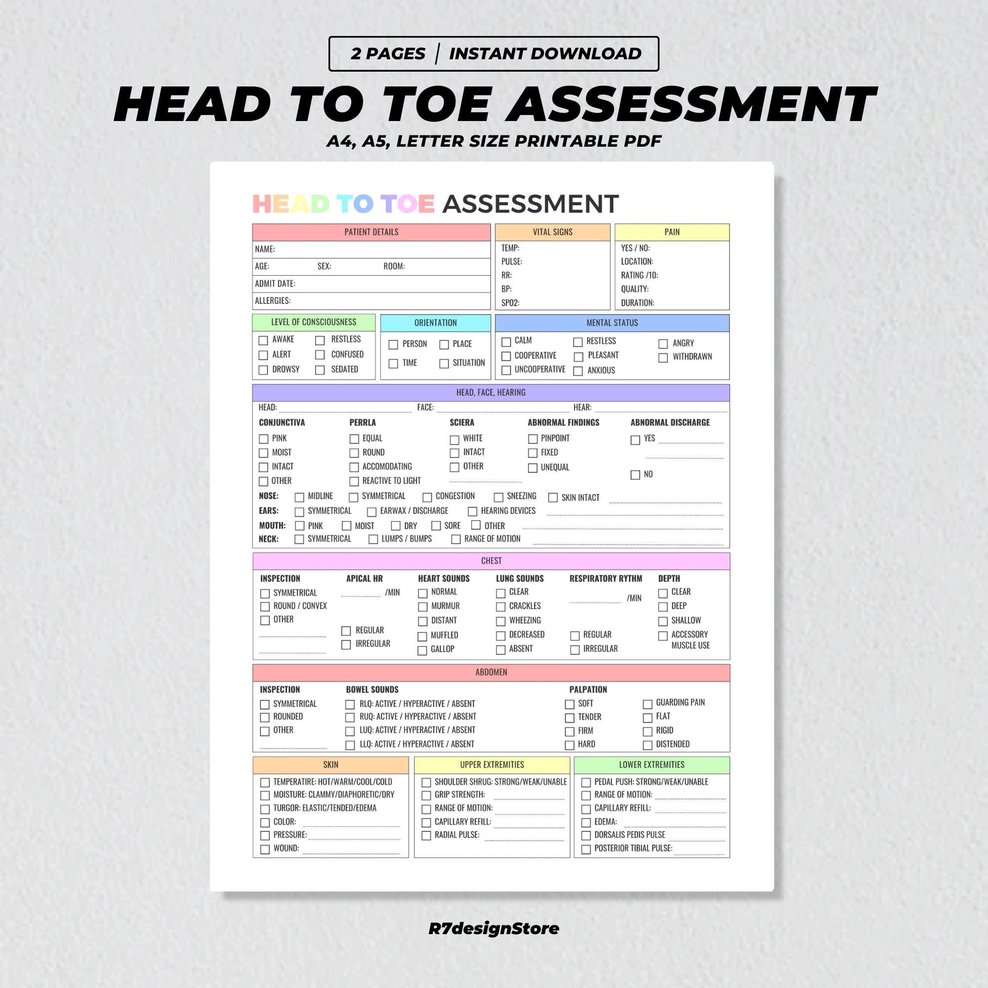 Head To Toe Assessment Printable Nursing Student Notes Nurse Checklist Nursing School Study Health Assessment Sheet Nurse Report PDF Etsy Hong Kong