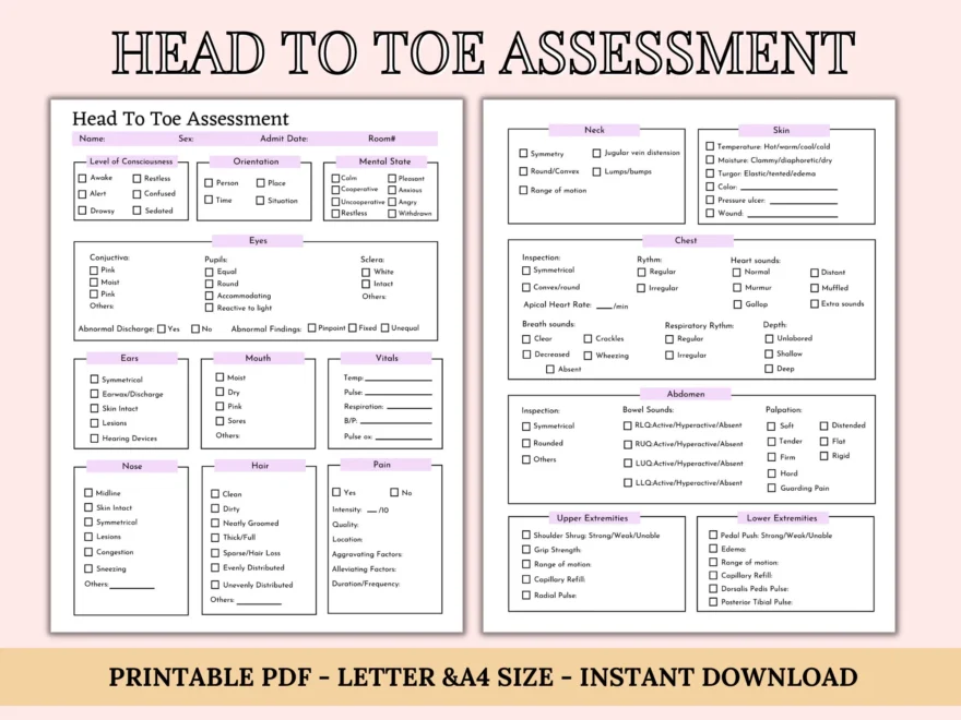 Head To Toe Assessment Template Nursing Checklist Nursing Student Notes Patient Assessment Template Health Assessment Class Etsy