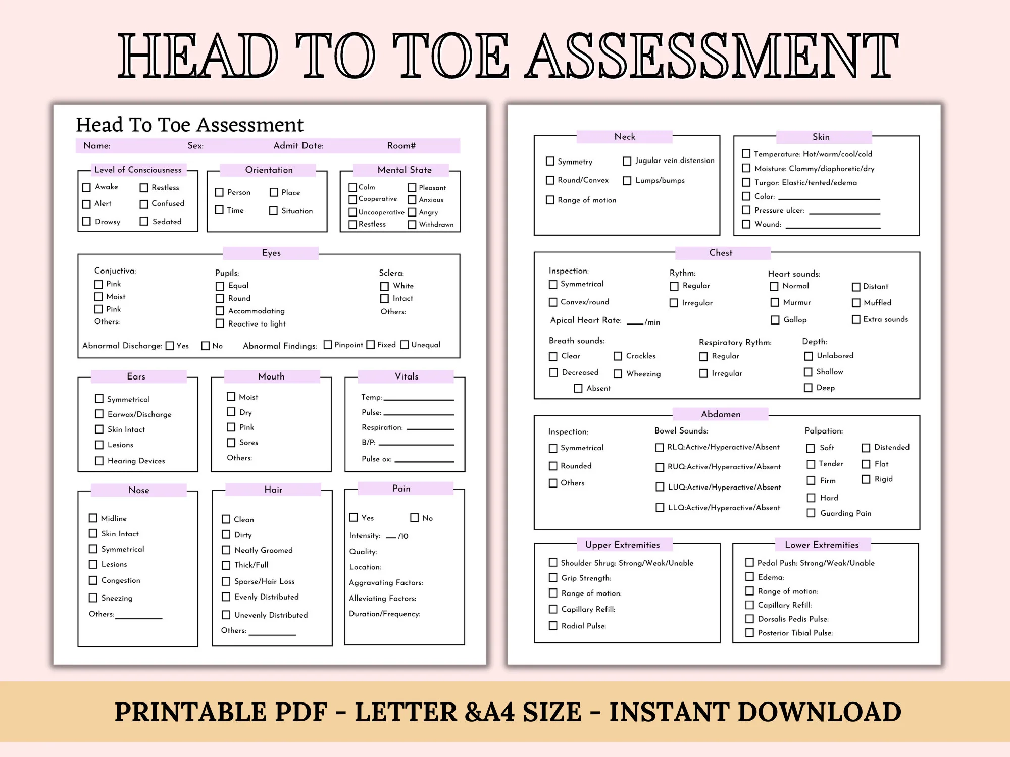 Head To Toe Assessment Template Nursing Checklist Nursing Student Notes Patient Assessment Template Health Assessment Class Etsy