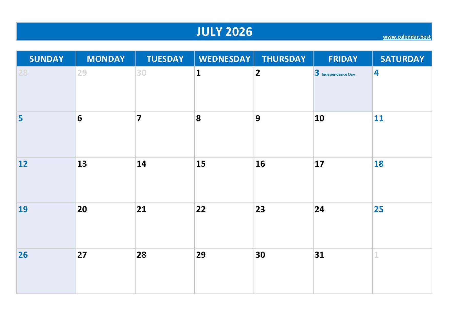 July 2026 Calendar Calendar best