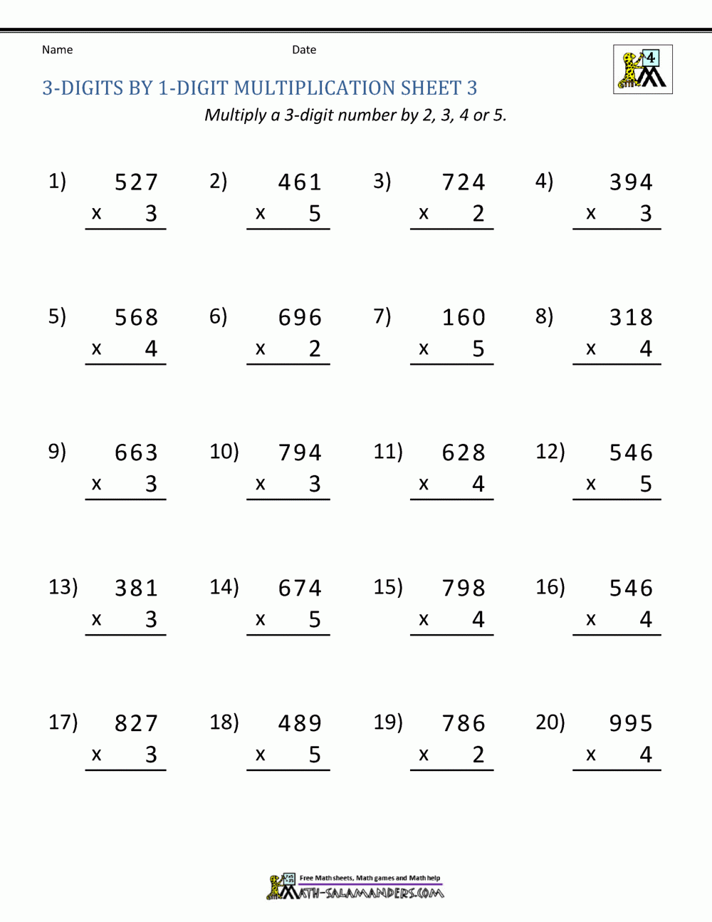 Math Sheets Multiplication 4th Grade Printable