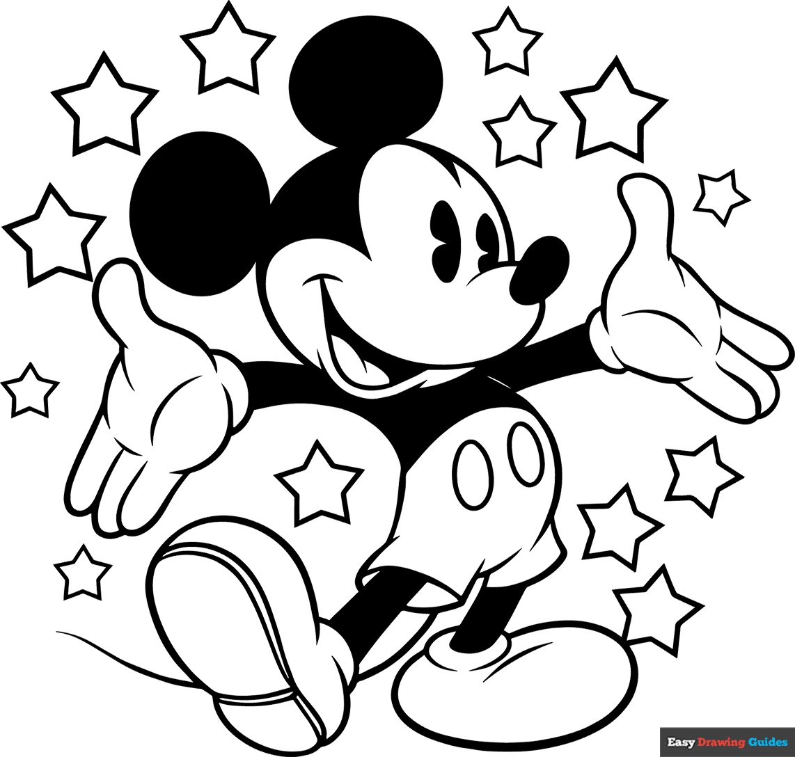 Mickey Mouse Surrounded By Stars Coloring Page Easy Drawing Guides