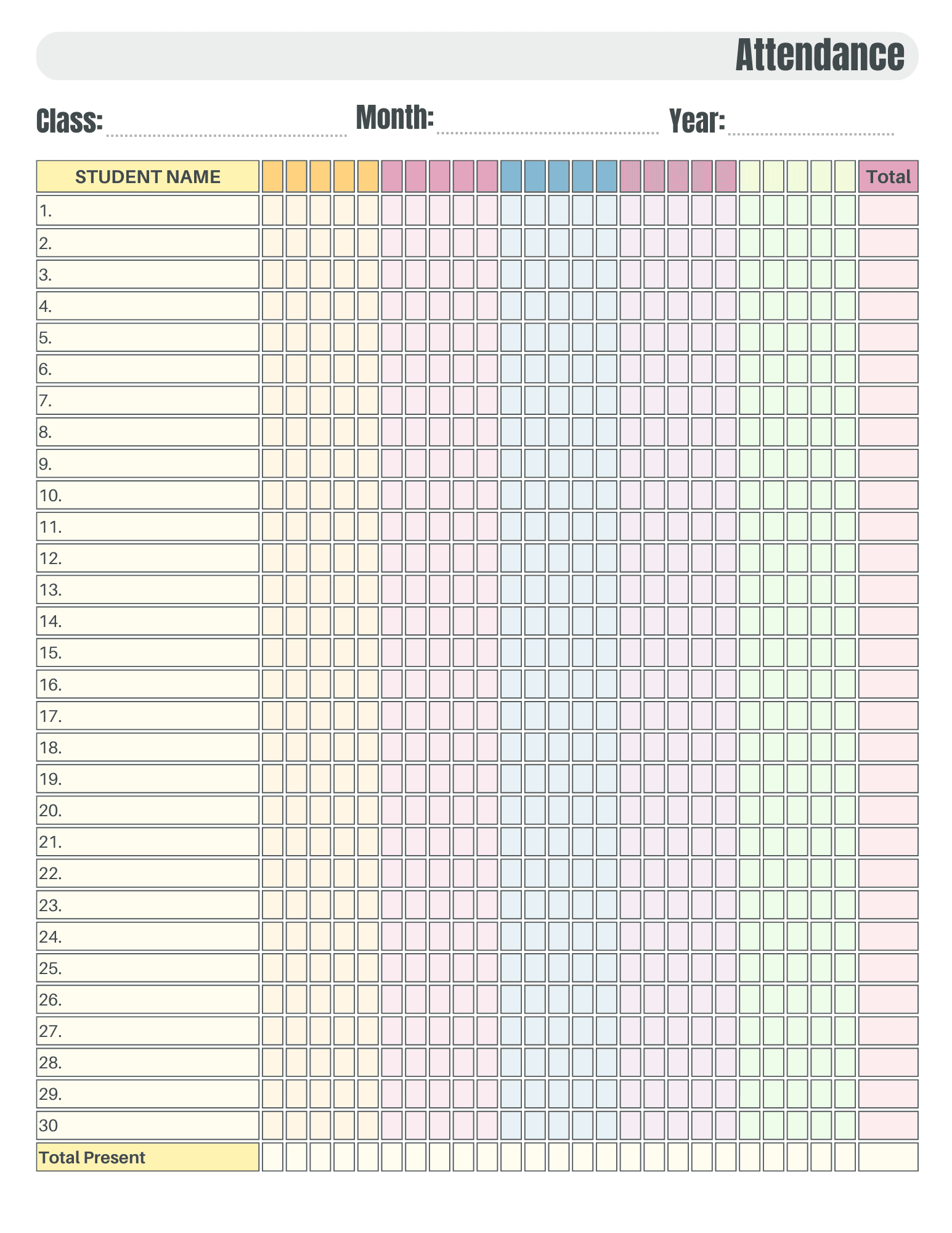 Printable Monthly Calendar Attendance List