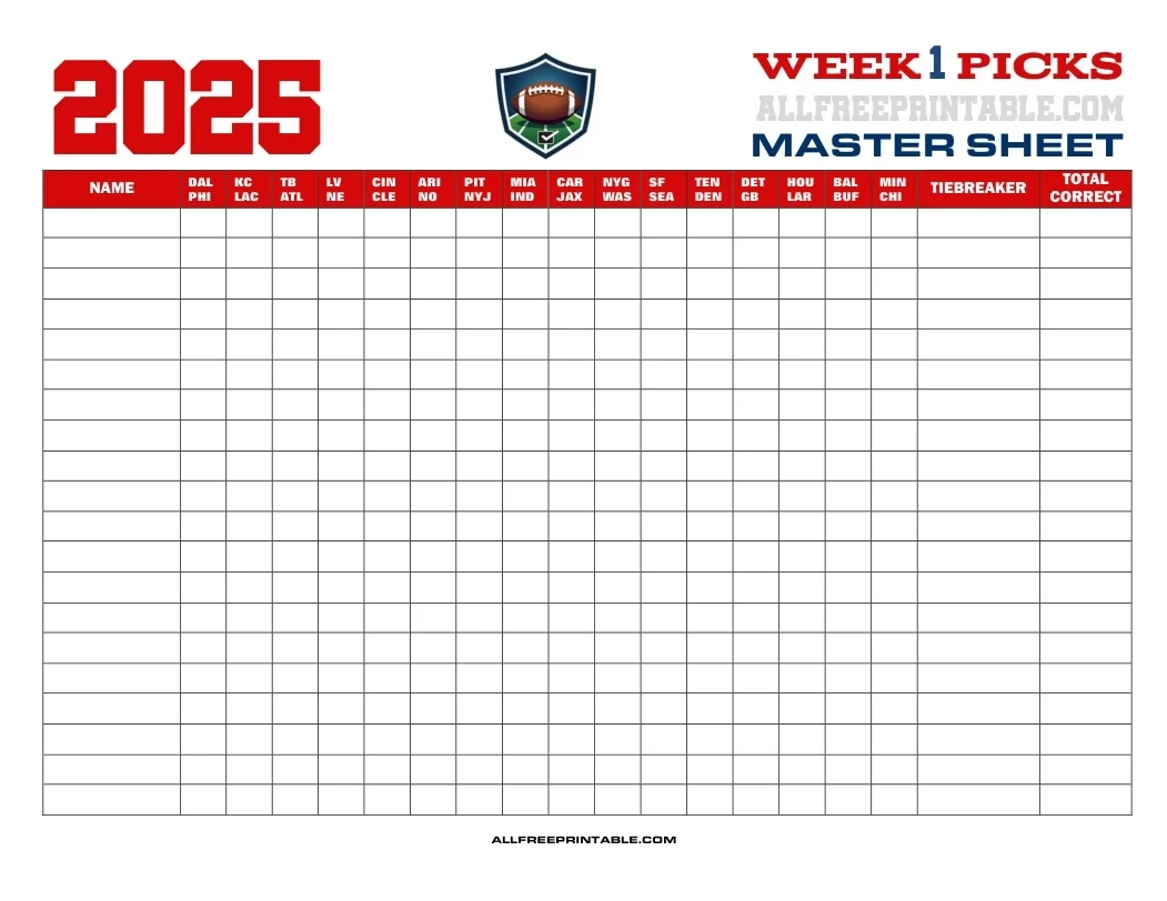NFL Week 1 Pick em Master Sheet 2025 Free Printable