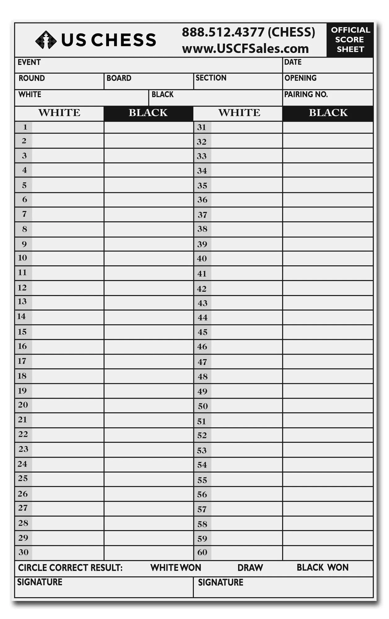 Official US Chess Self Duplicating Score Sheets PACK OF 100 SHEETS