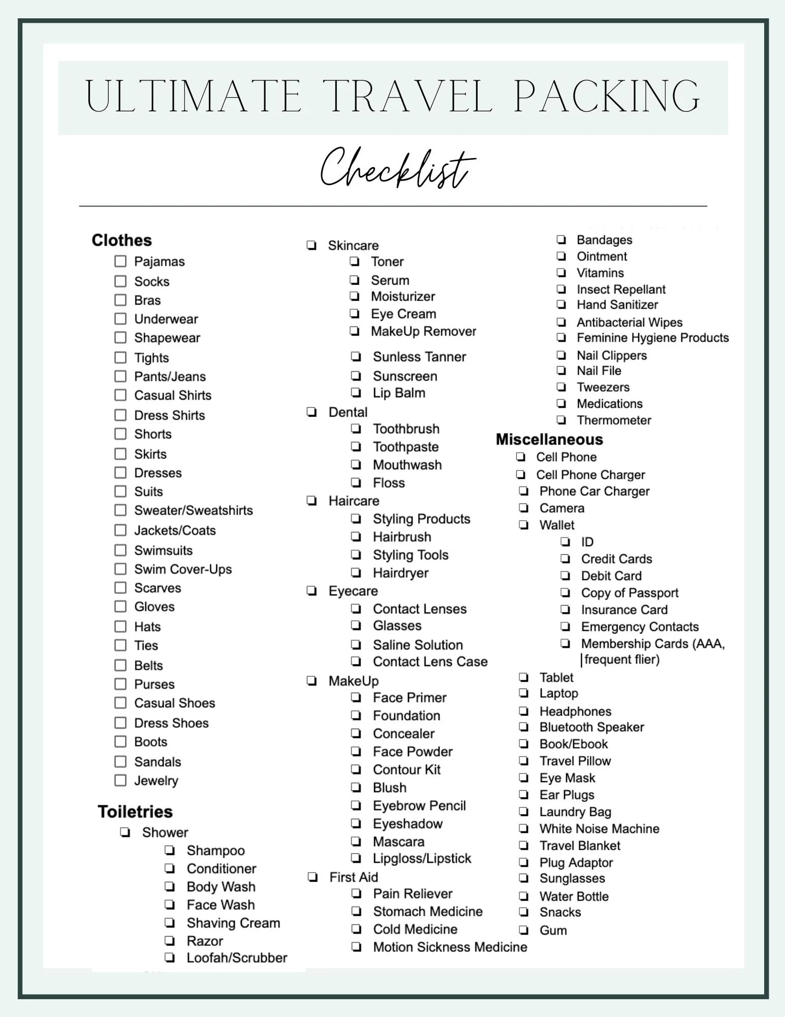 Printable Trip Packing List Printable Trip Packing List