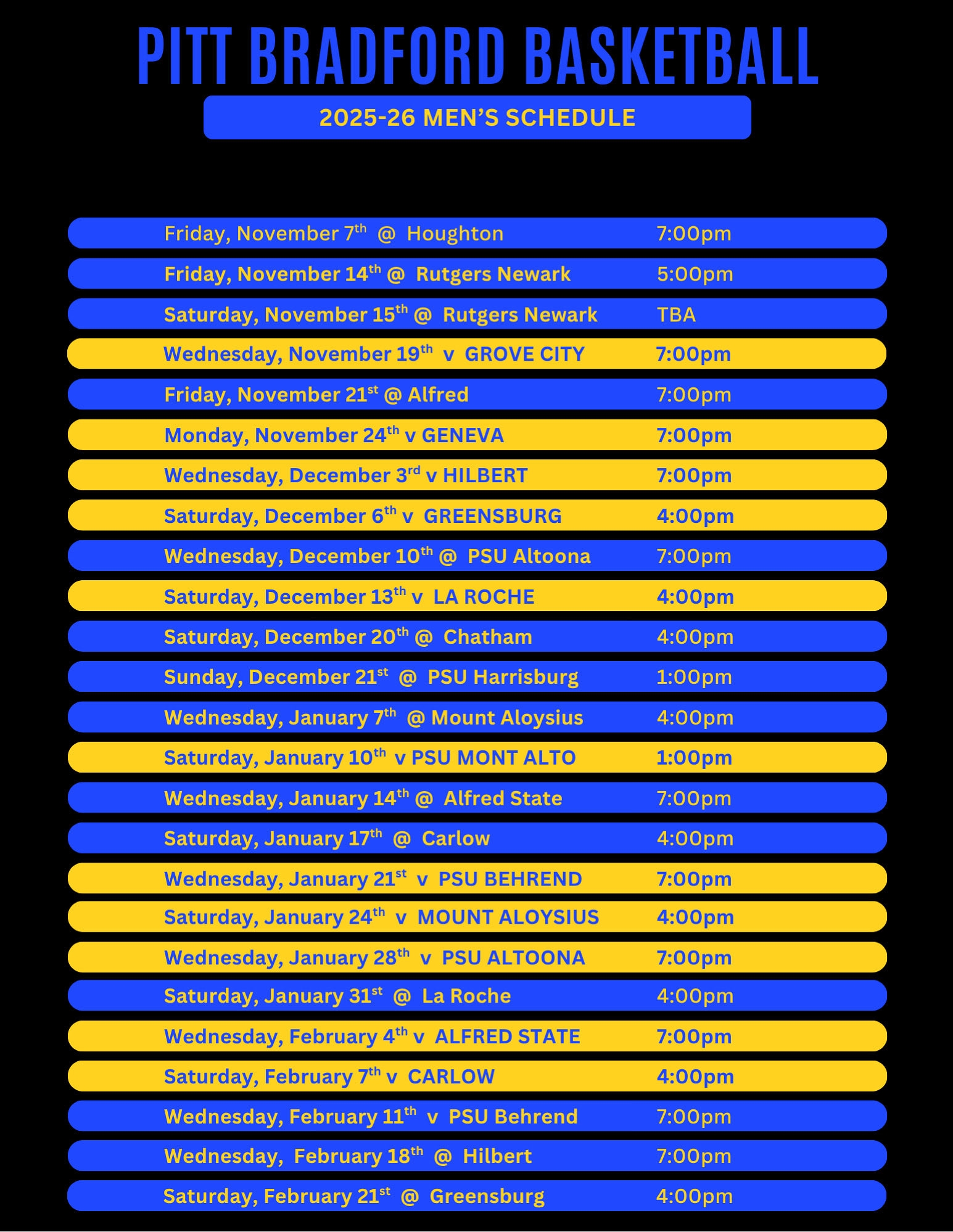 Pitt Bradford Men s Basketball On X Our 2025 2026 Game Schedule Https t co 1ngCxoHGr4 X