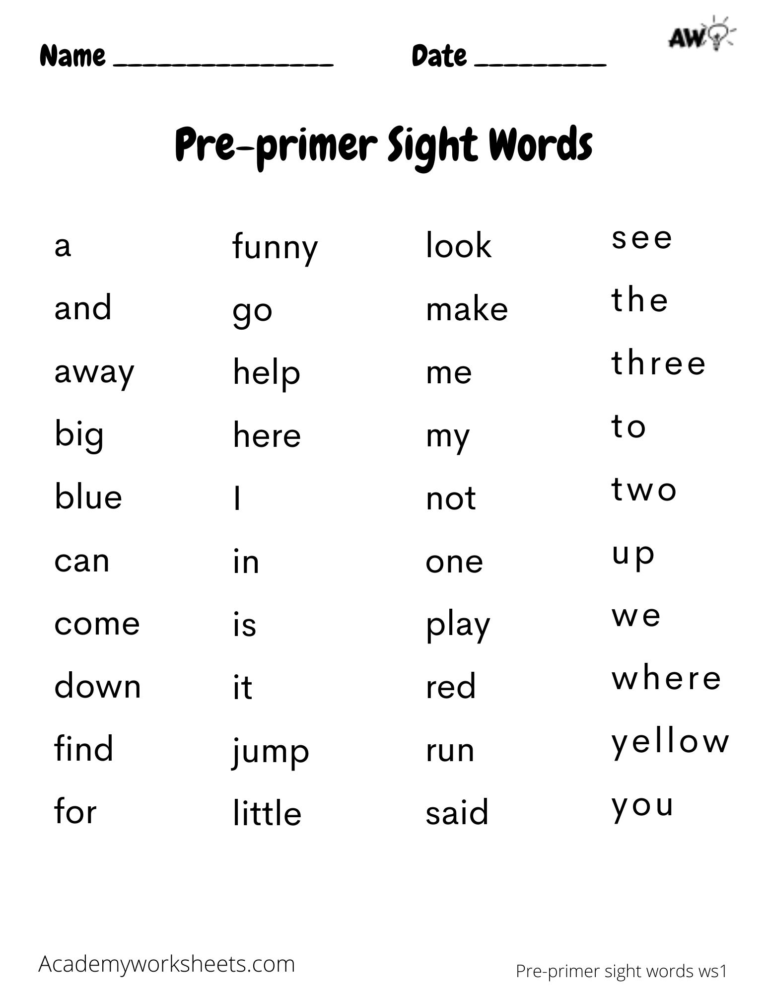 Pre Primer Sight Words Dolche Academy Worksheets Worksheets Library
