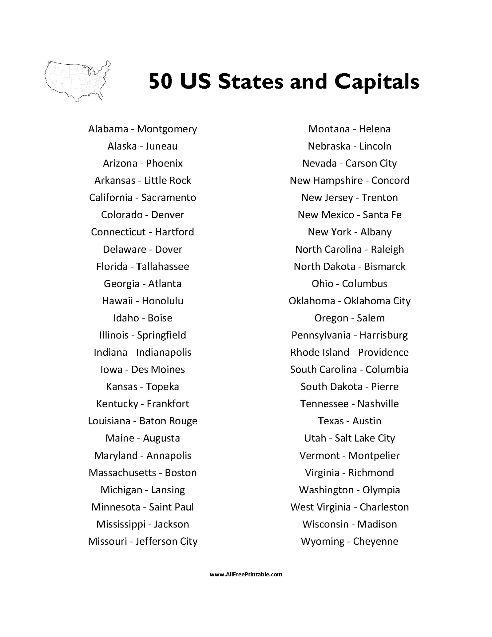 Printable List Of 50 State Capitals Printable List Of 50 State Capitals