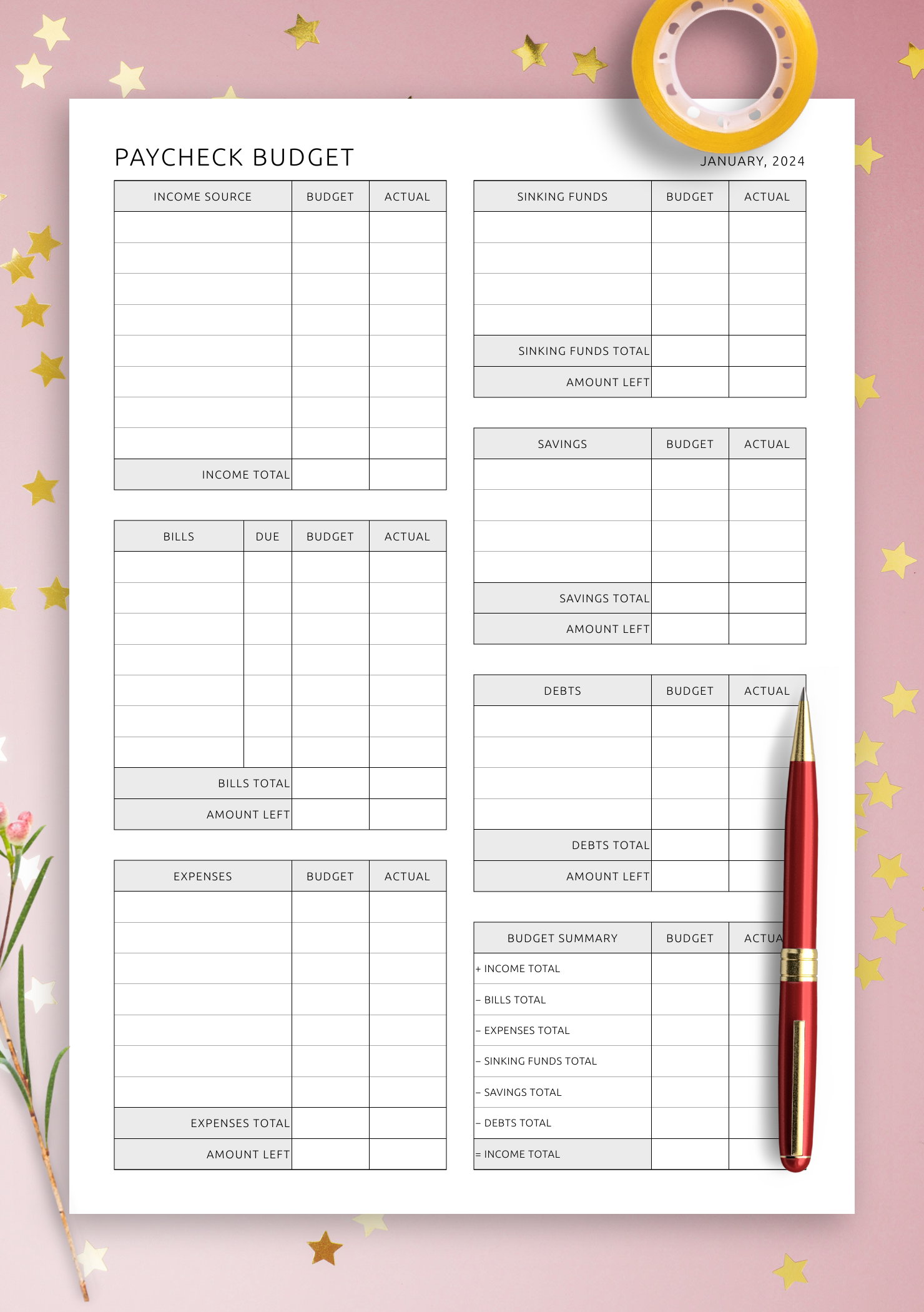 Printable Budget List Worksheet By Paycheck