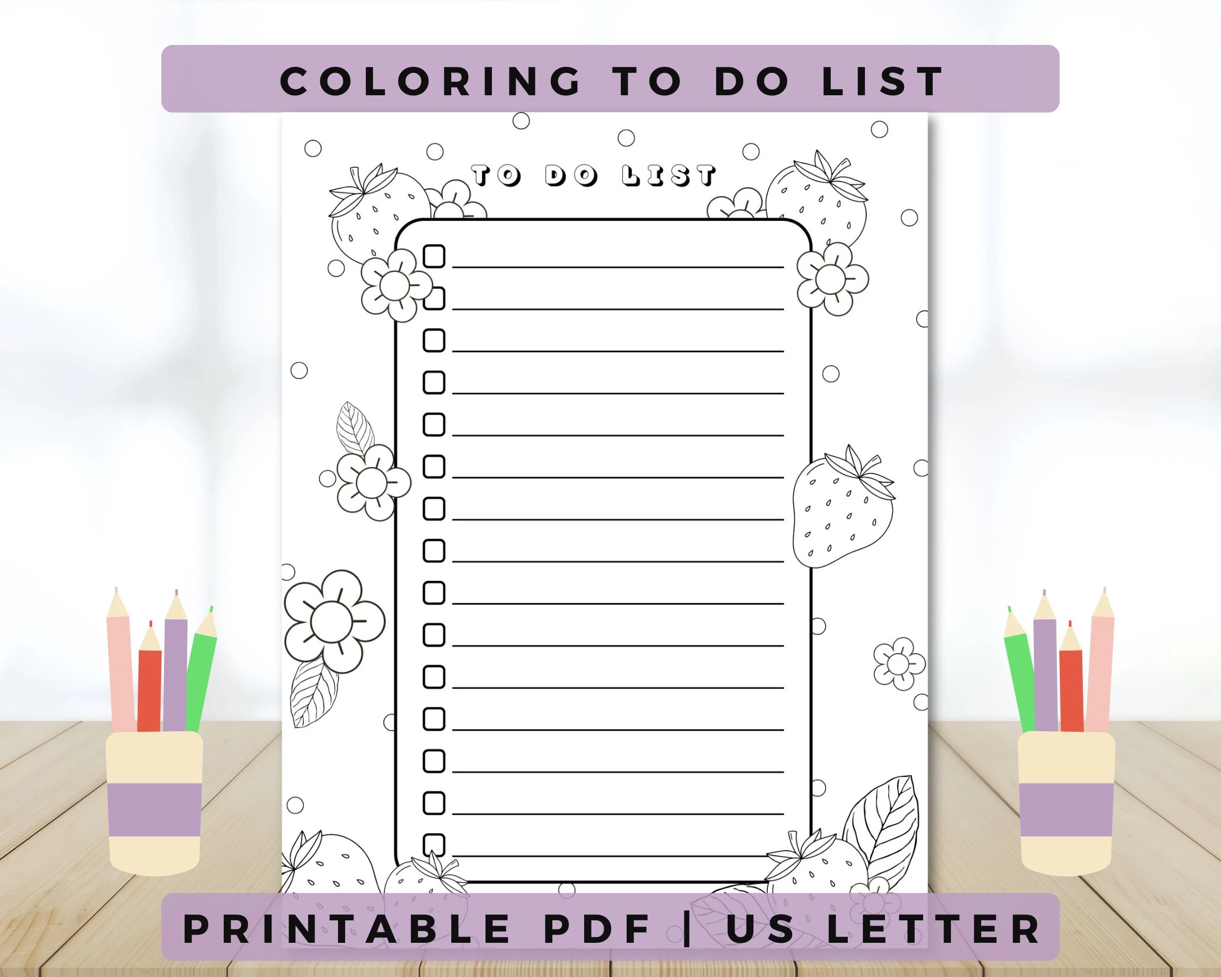 Printable Coloring To do List Productivity Checklist Daily Organizer PDF Printable Task List Strawberry Planner Etsy