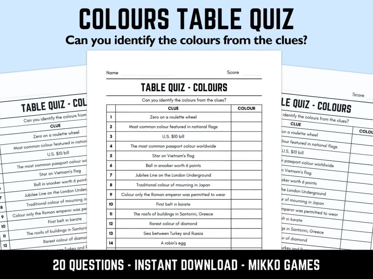 Printable Colours Table Quiz With Answers Downloadable Pub Quiz Sheets Trivia Questions Fun Ready made General Knowledge Quiz Etsy