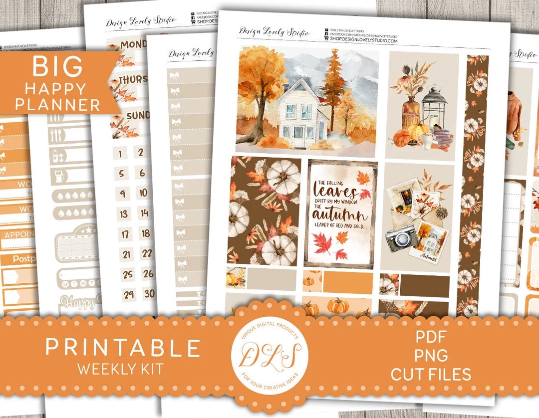 Printable FALL Planner Stickers Big Happy Planner Stickers Autumn Planner Kit October Planner Stickers Weekly Planner Stickers BW175 Etsy
