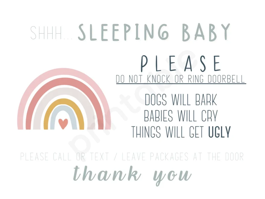 Printable Funny Baby Sleeping Sign Rainbow Design Birthing Bliss