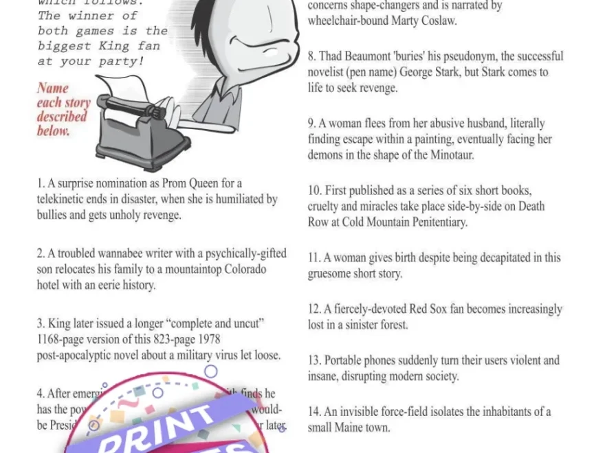 Printable Halloween Stephen King Trivia Party Game Print Games Now