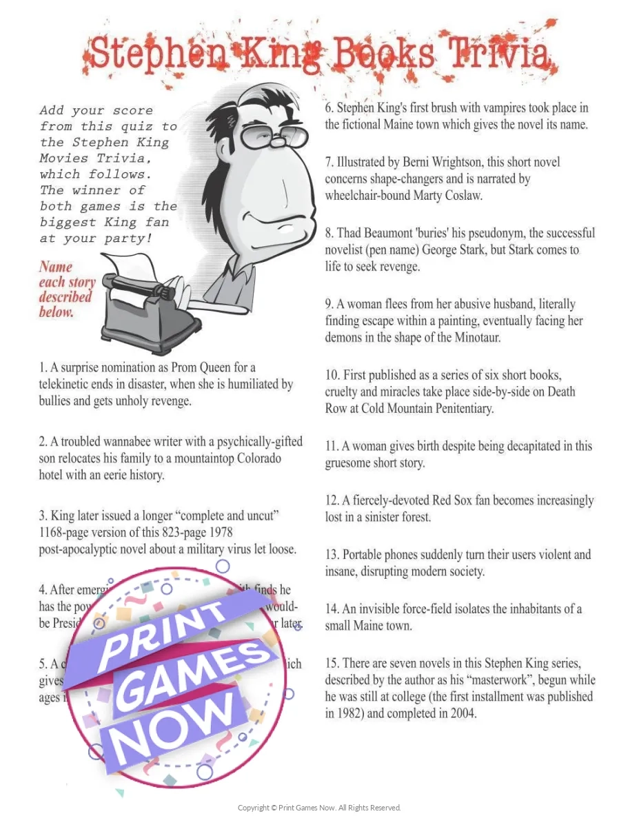 Printable Halloween Stephen King Trivia Party Game Print Games Now