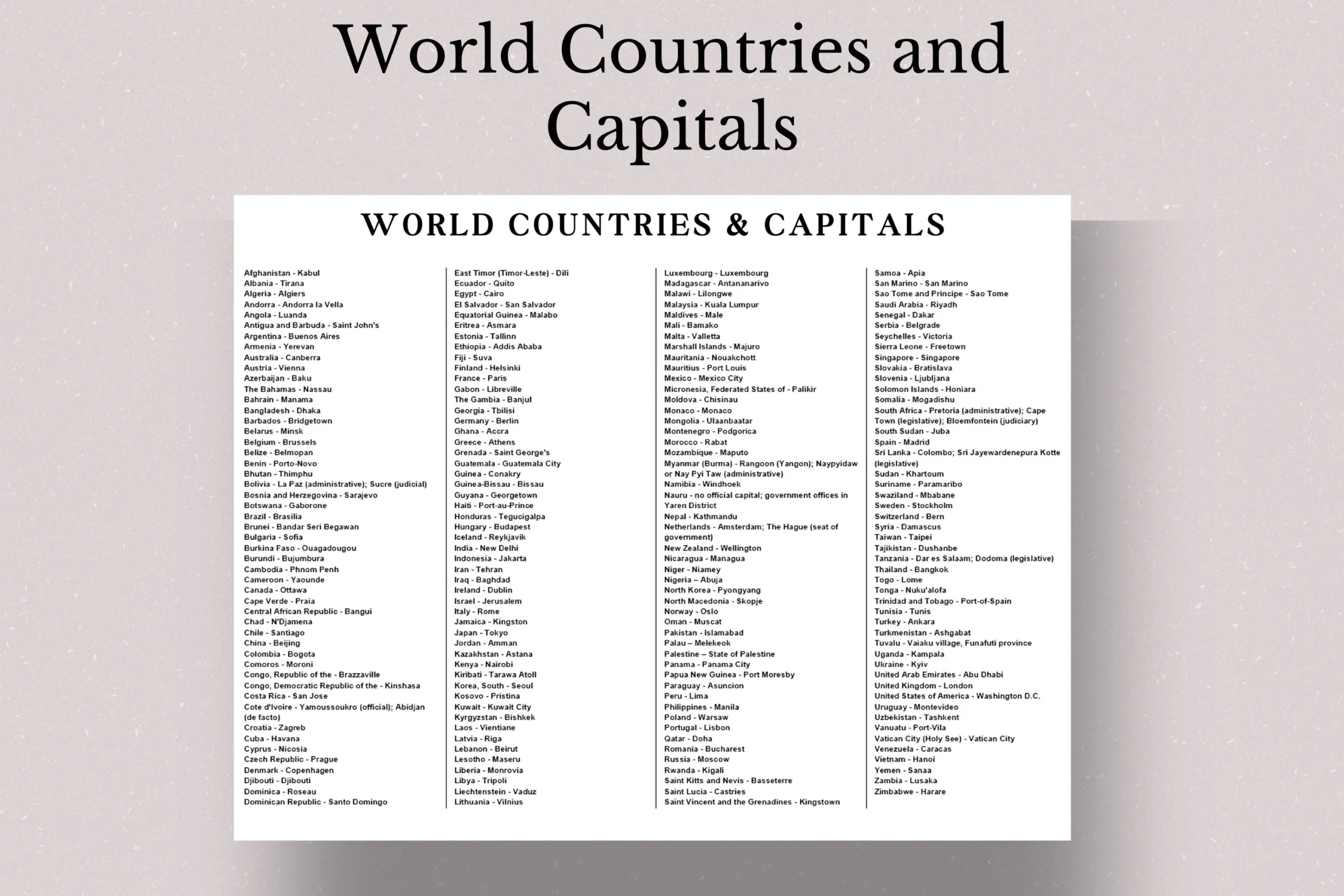 Printable List Of World Countries And Capitals List Of World Countries Countries And Capitals Travel Country List Countries List Etsy