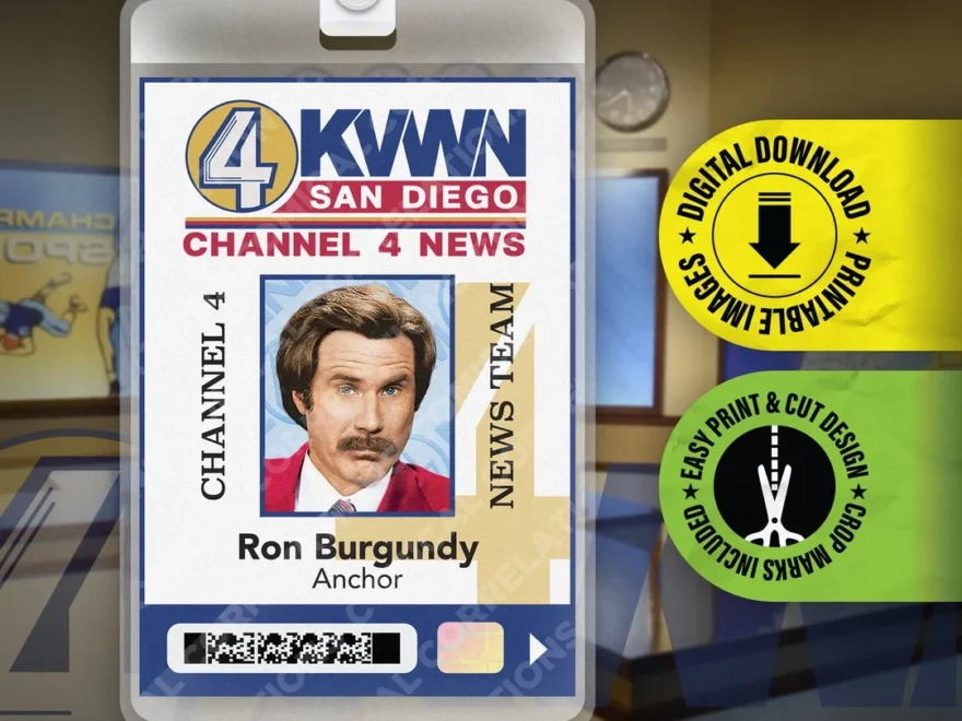 PRINTABLE PDF Anchorman Ron Burgundy Channel 4 News Press Pass ID Badge Card Halloween Cosplay Costume Prop Name Tag 2 375 In X 3 375in Etsy Ireland
